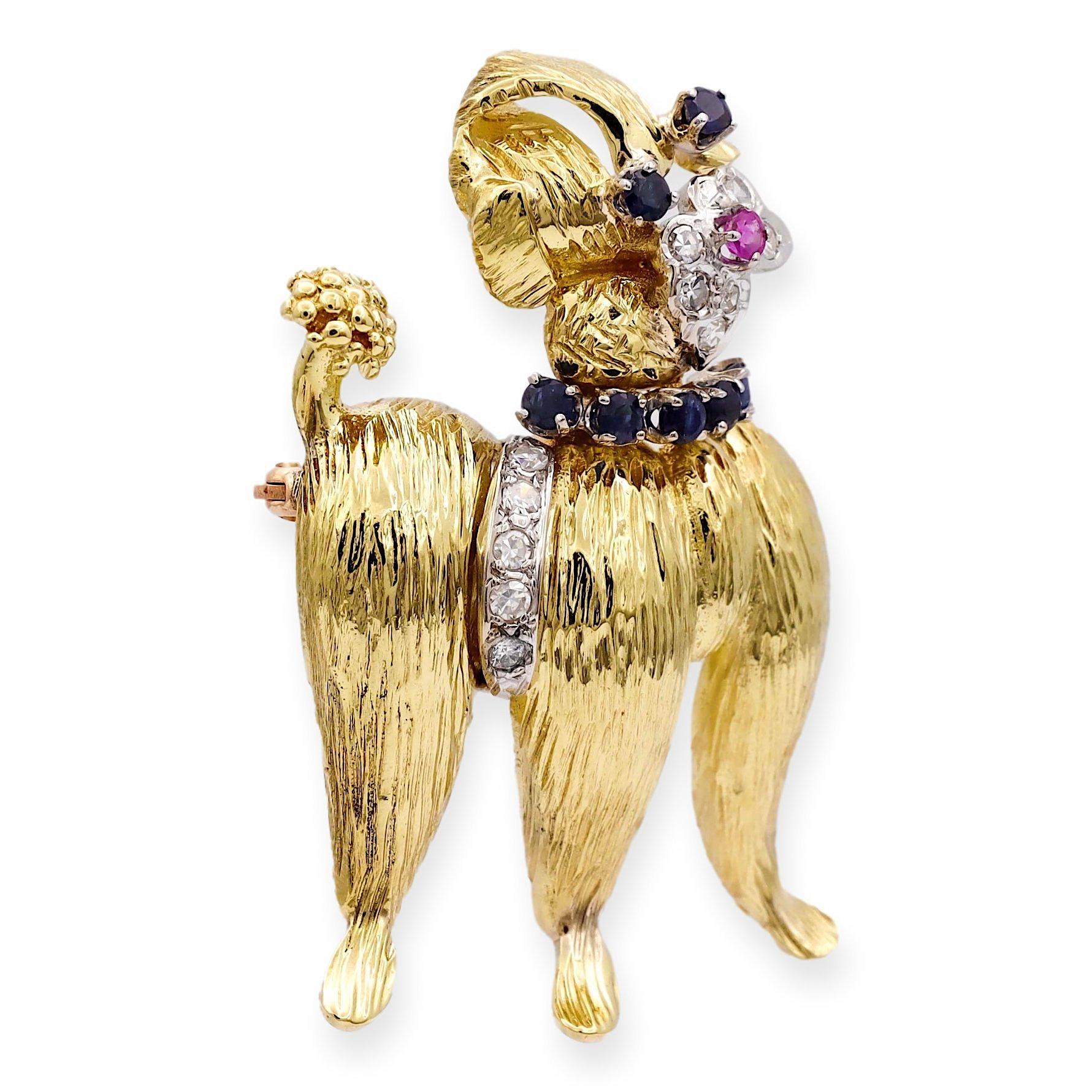 Single Cut Vintage 14K Yellow Gold Diamond and Sapphire Poodle Brooch/Pin For Sale