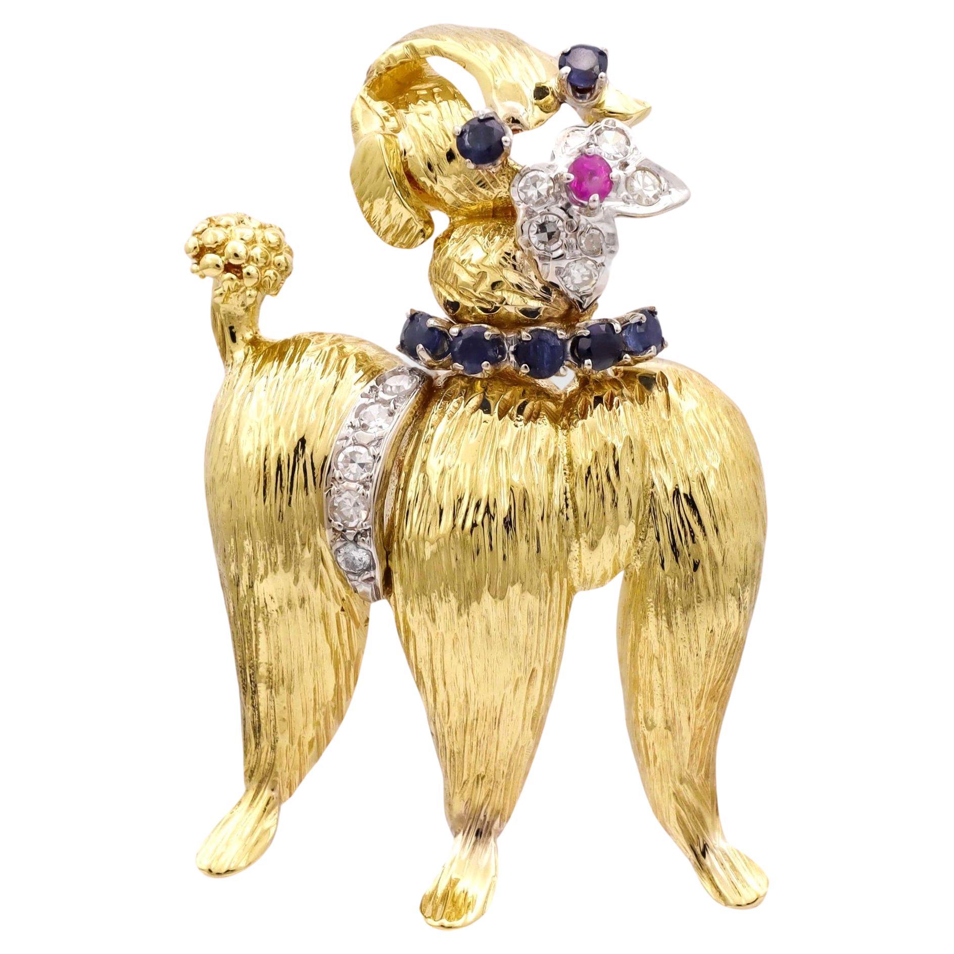 Vintage 14K Yellow Gold Diamond and Sapphire Poodle Brooch/Pin For Sale