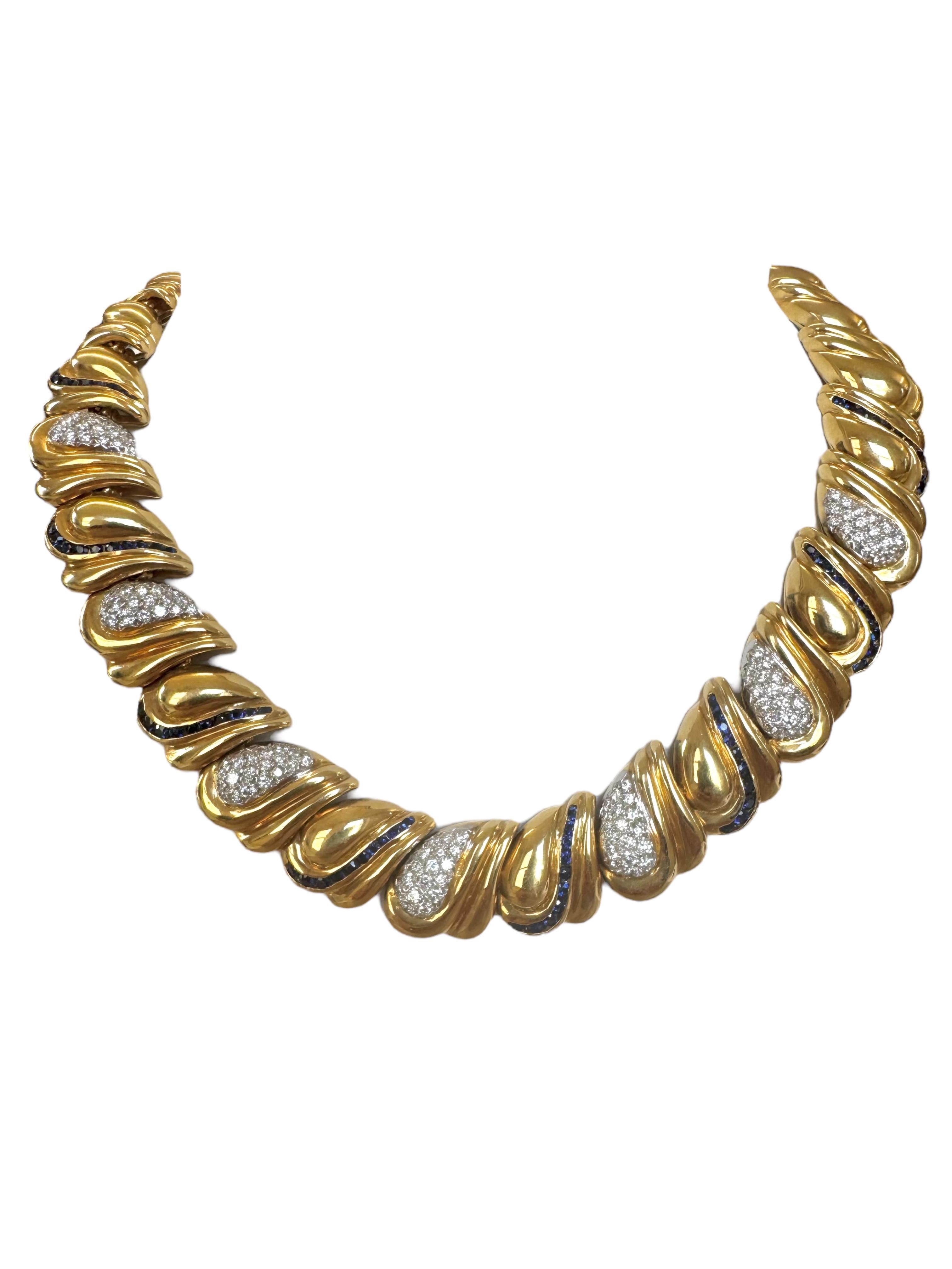 Vintage Collier à vagues en or jaune 18K avec diamants et saphirs en vente 5