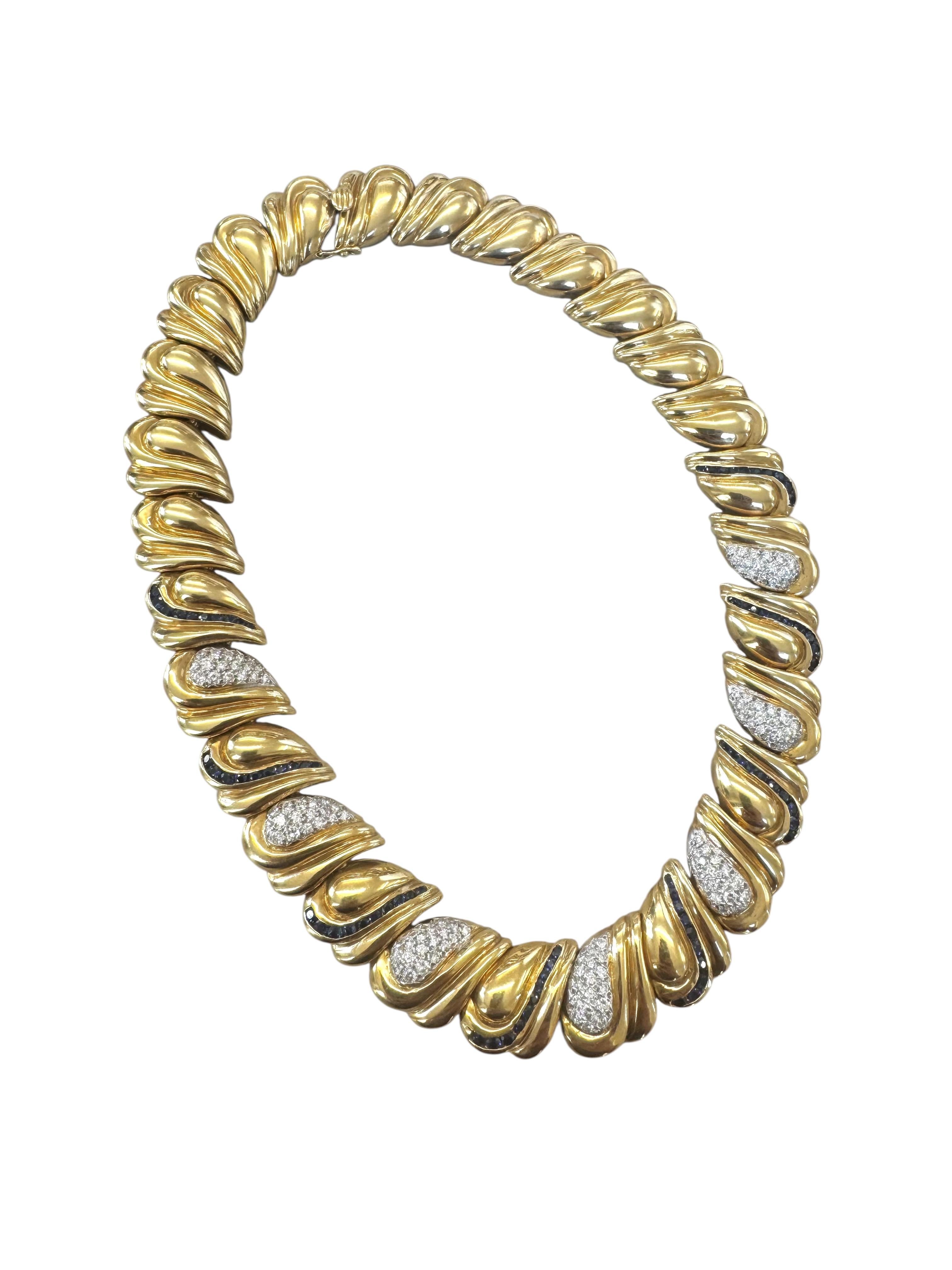 Vintage Collier à vagues en or jaune 18K avec diamants et saphirs en vente 6