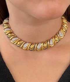 Vintage 18K Yellow Gold Diamond and Sapphire Wave Necklace
