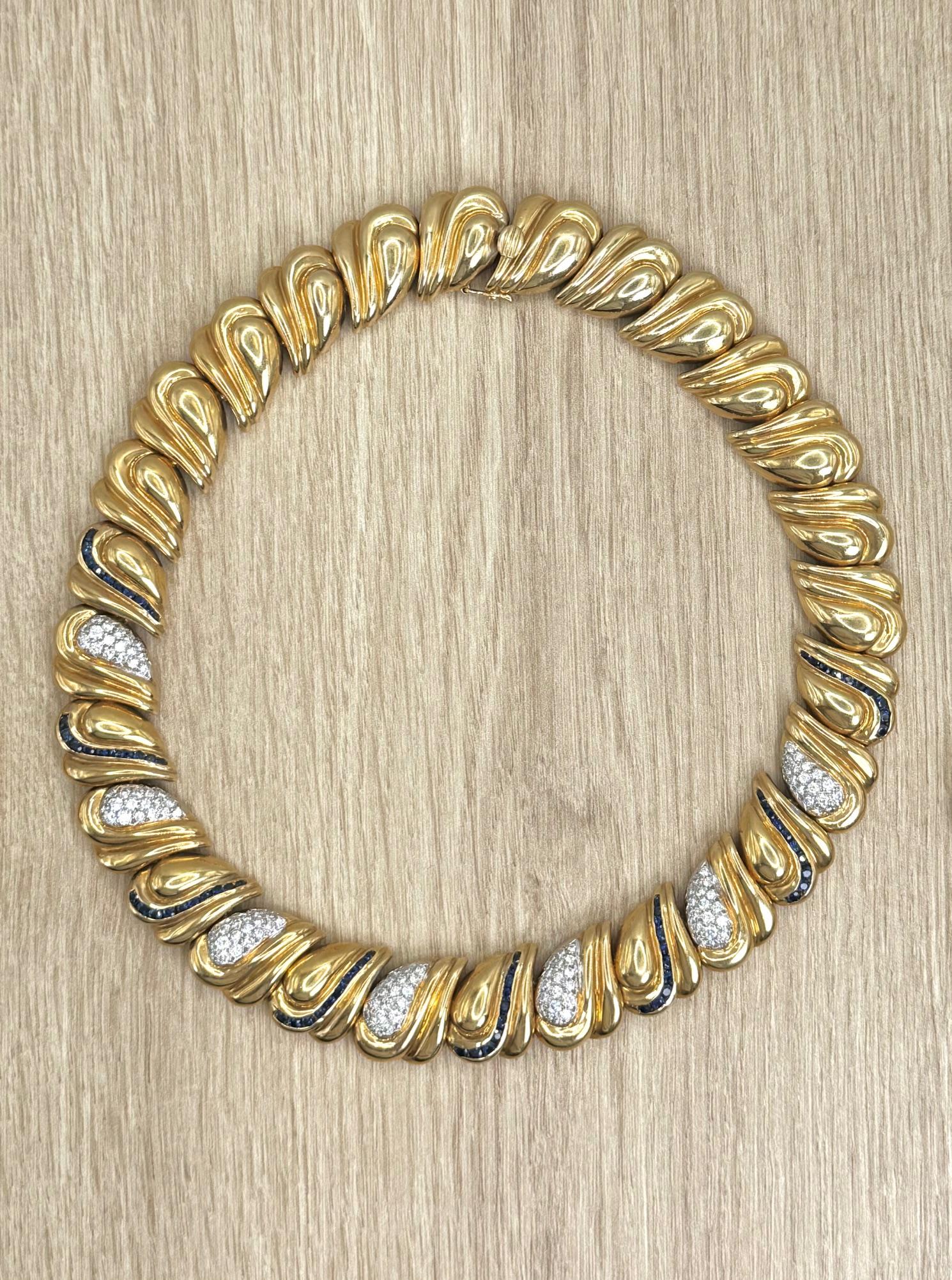 Vintage Collier à vagues en or jaune 18K avec diamants et saphirs en vente 4