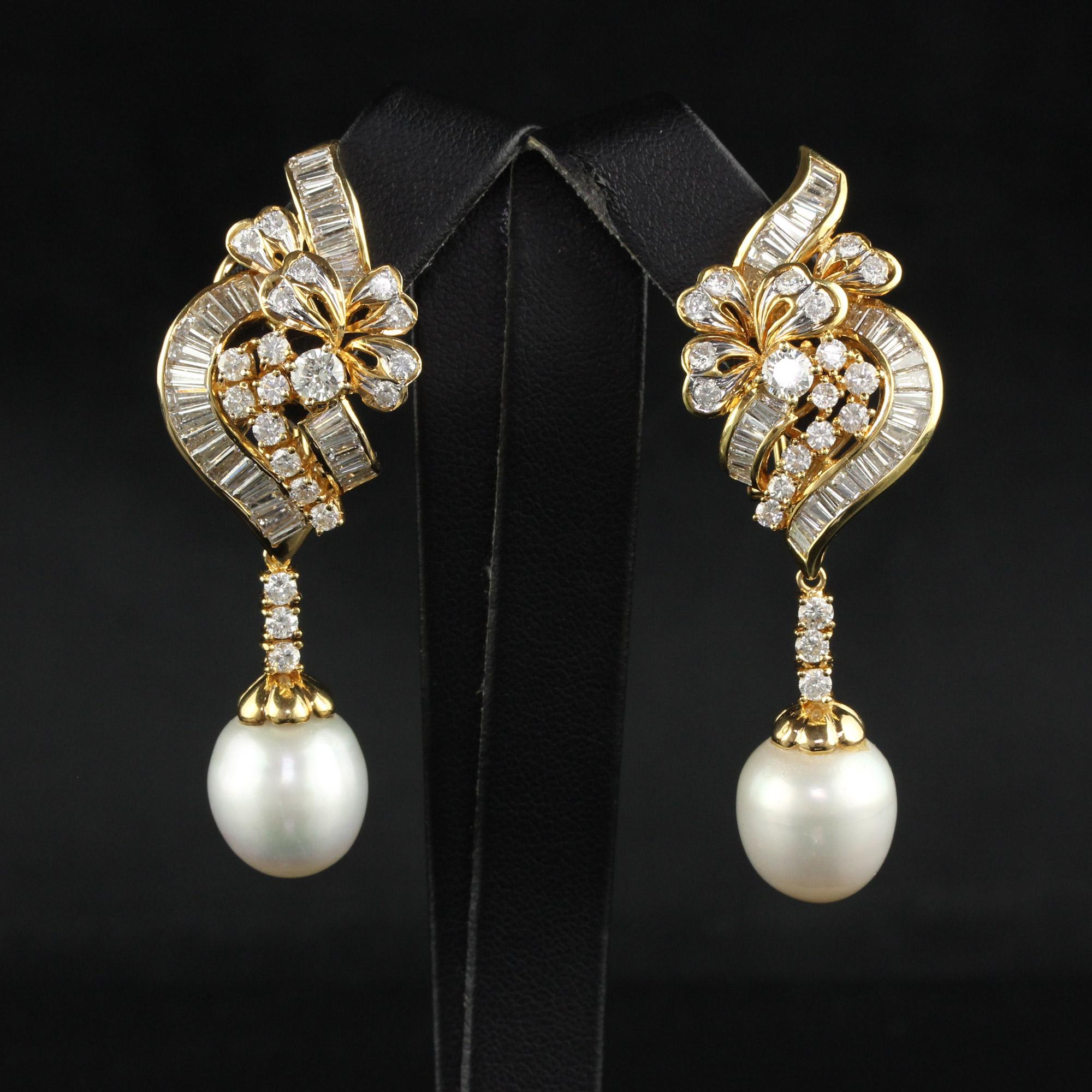 Vintage 18K Yellow Gold Diamond and South  Sea Pearl Drop Earrings For Sale 4