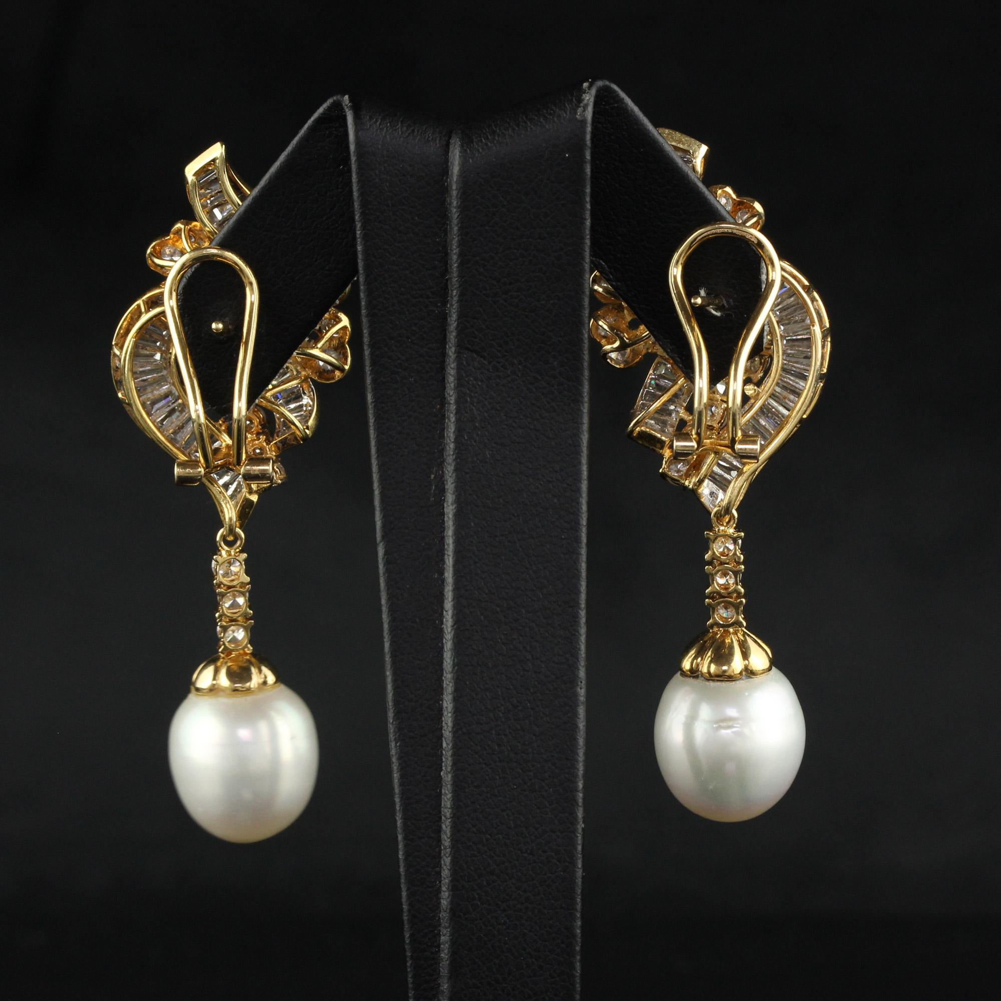 Vintage 18K Yellow Gold Diamond and South  Sea Pearl Drop Earrings For Sale 5