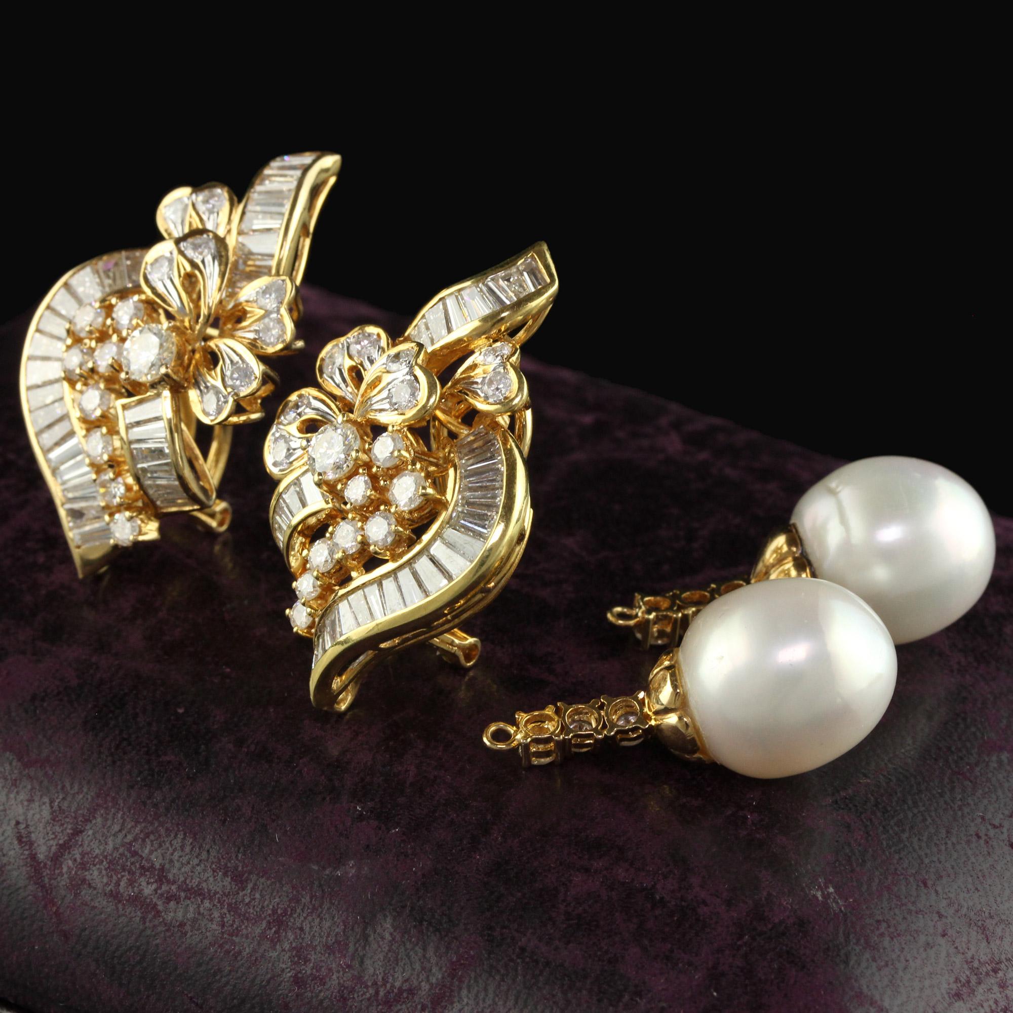 Contemporary Vintage 18K Yellow Gold Diamond and South  Sea Pearl Drop Earrings For Sale