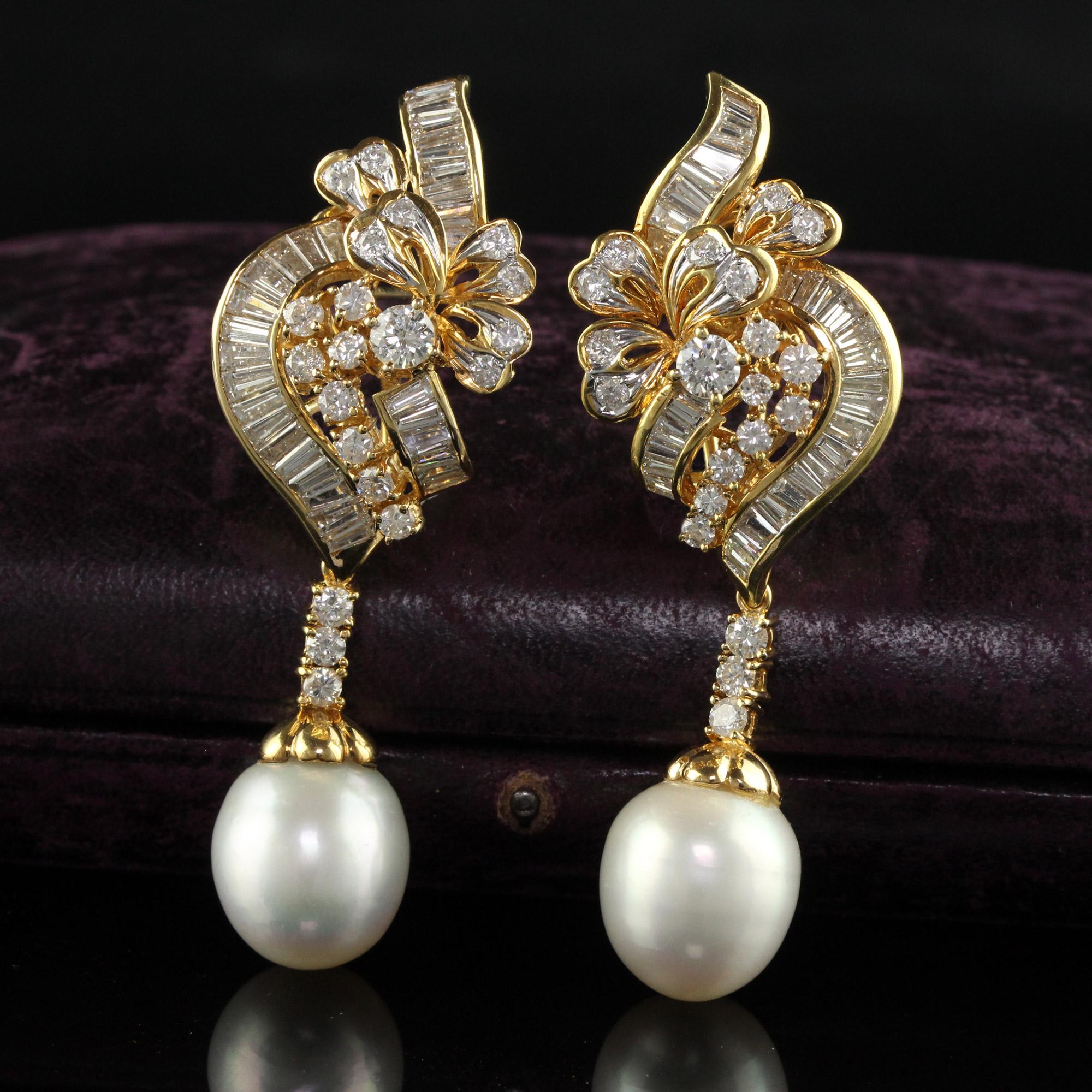 Baguette Cut Vintage 18K Yellow Gold Diamond and South  Sea Pearl Drop Earrings For Sale