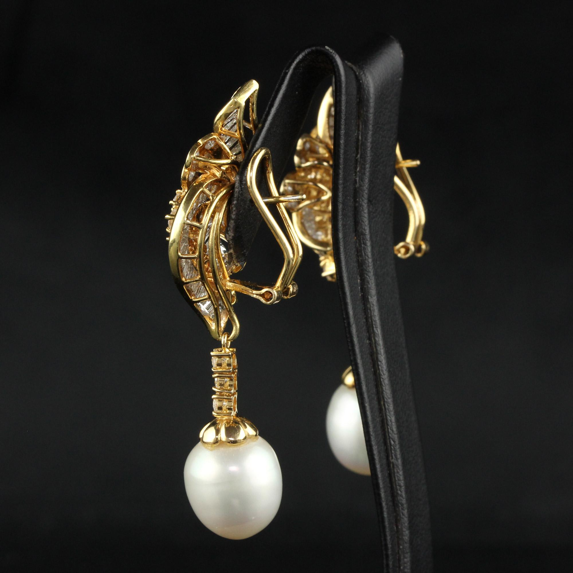 Vintage 18K Yellow Gold Diamond and South  Sea Pearl Drop Earrings For Sale 3