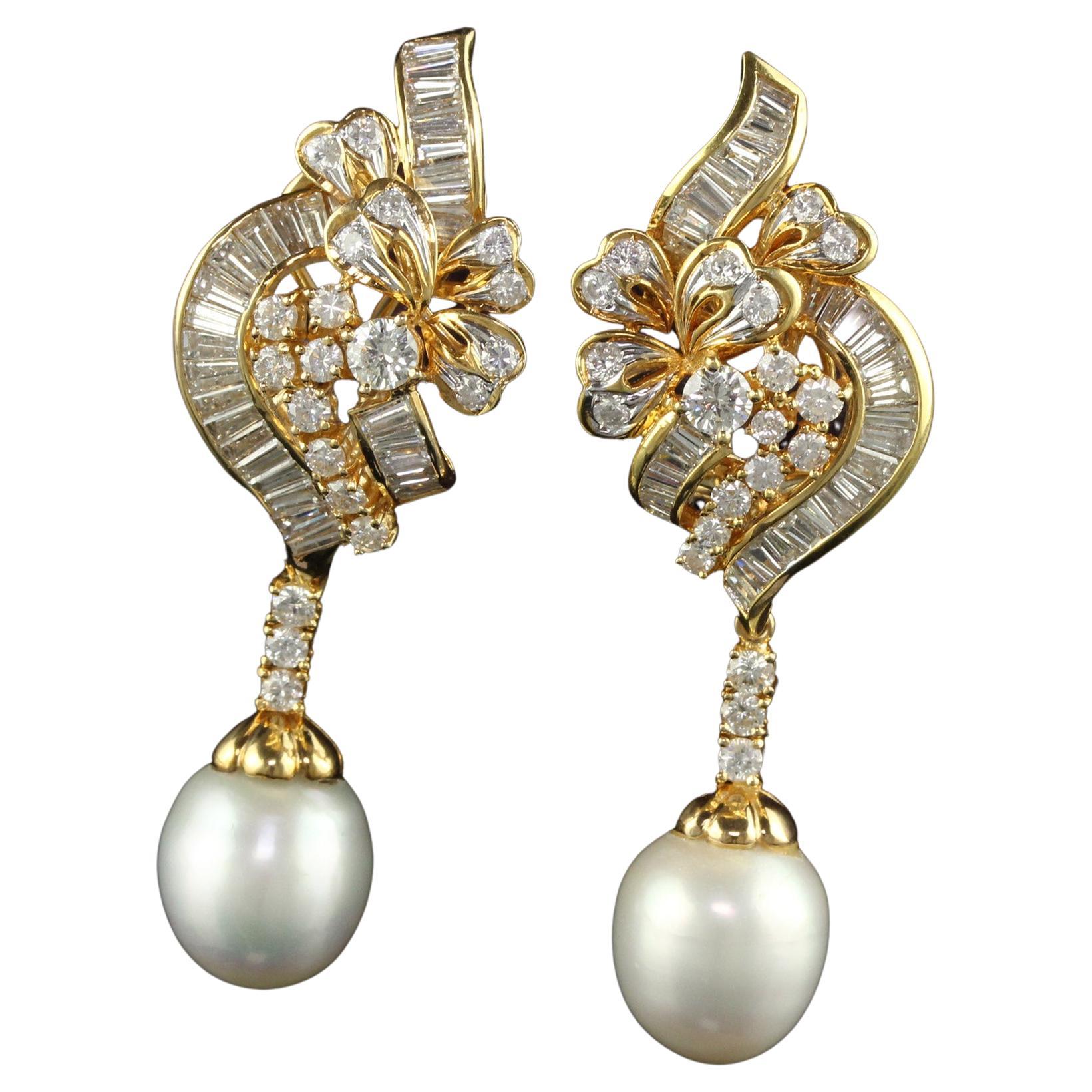 Vintage 18K Yellow Gold Diamond and South  Sea Pearl Drop Earrings For Sale