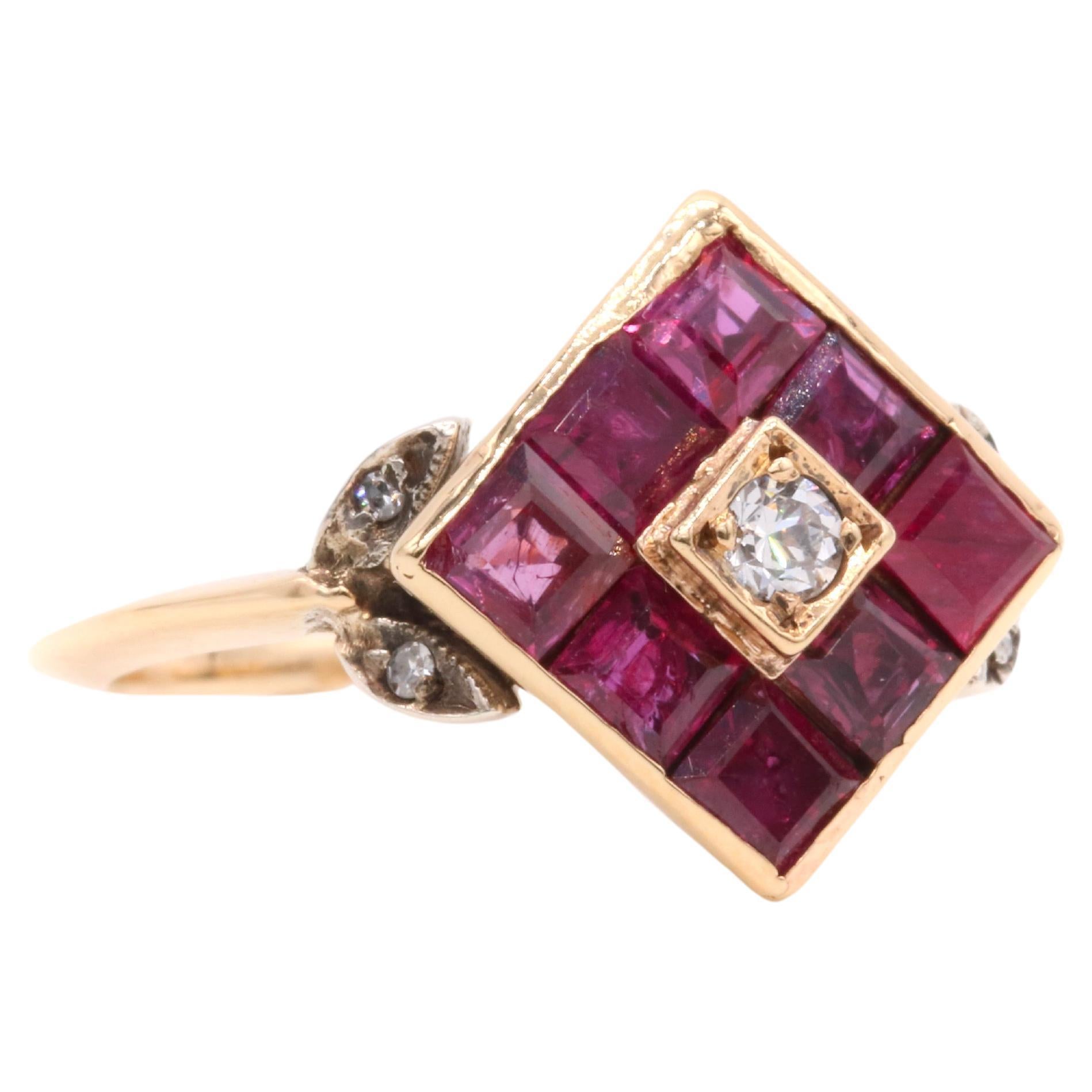 Vintage 18K Yellow Gold Diamond and Square Cut Ruby Cluster Ring