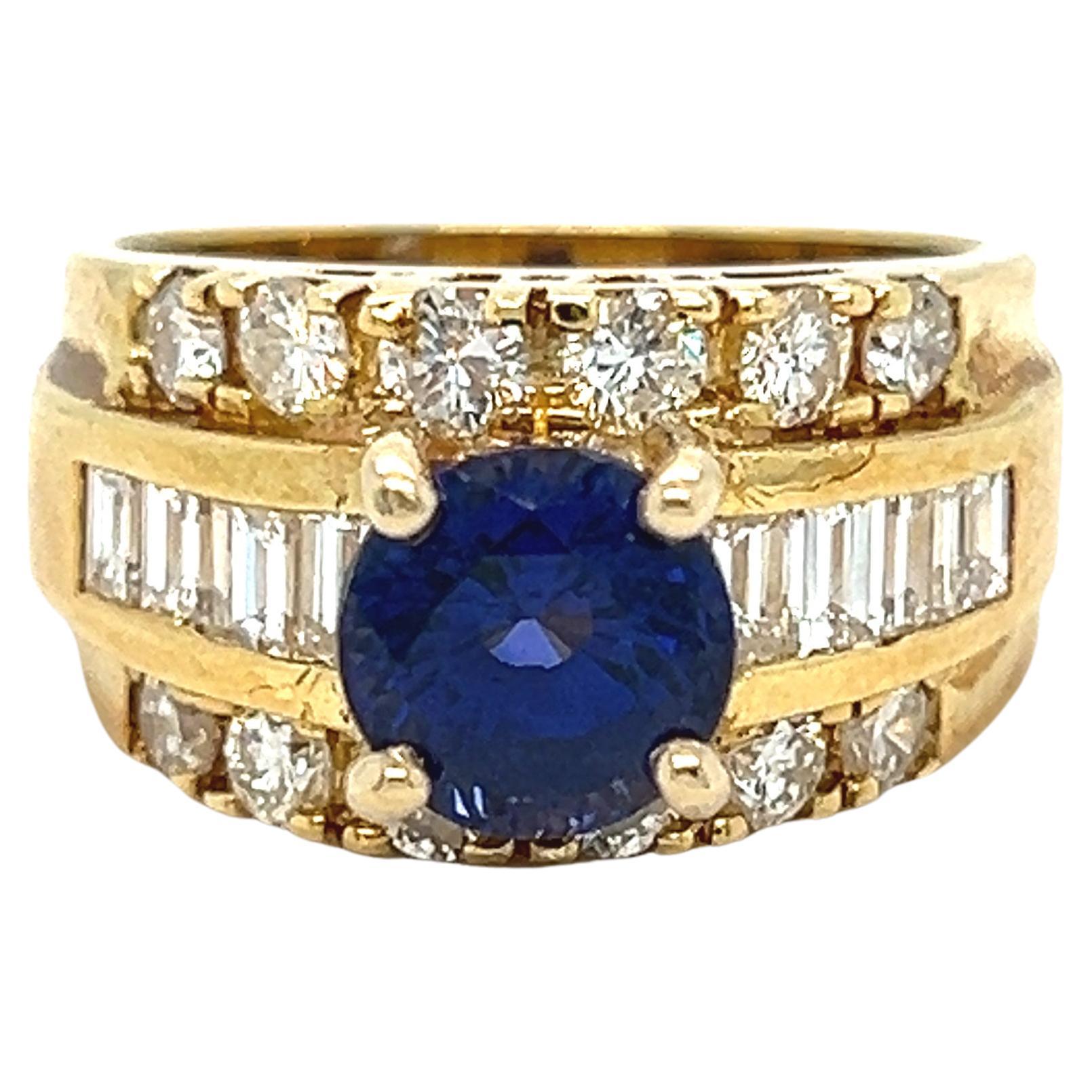 Vintage 18K Yellow Gold Diamond and Unheated Royal Blue Ceylon Sapphire Ring GIA