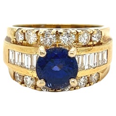 Vintage 18K Yellow Gold Diamond and Unheated Royal Blue Ceylon Sapphire Ring GIA