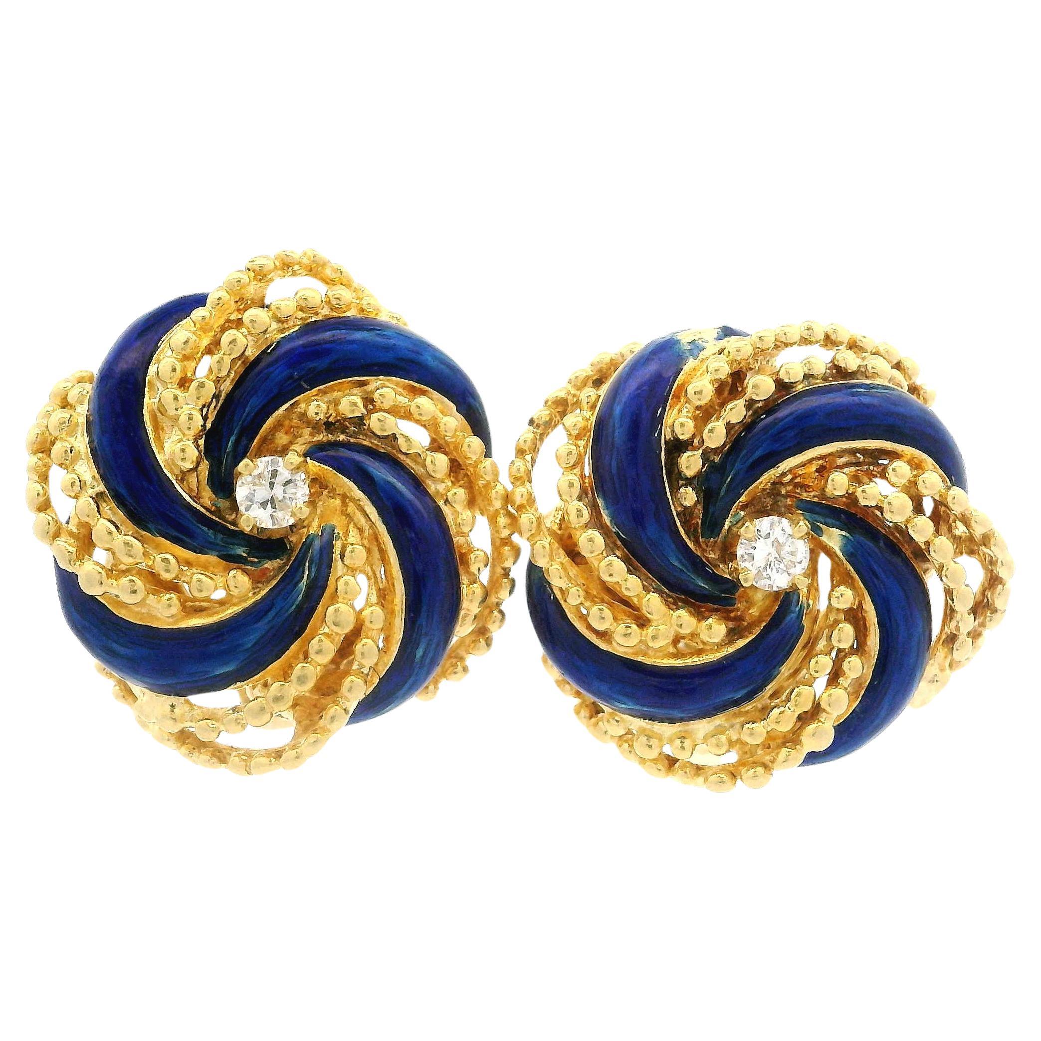 Vintage 18k Yellow Gold Diamond Blue Enamel Textured Spiral Button Earrings