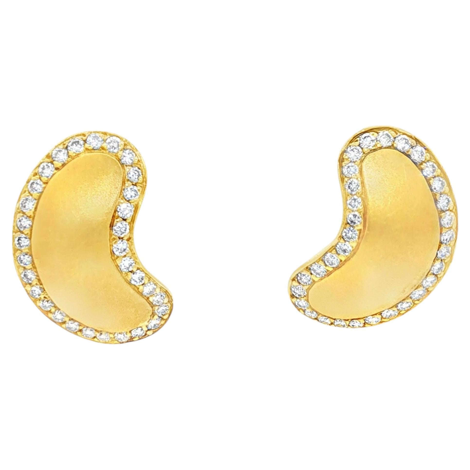 Vintage 18K Yellow Gold Diamond-Bordered Comma/Bean Clip Earrings For Sale