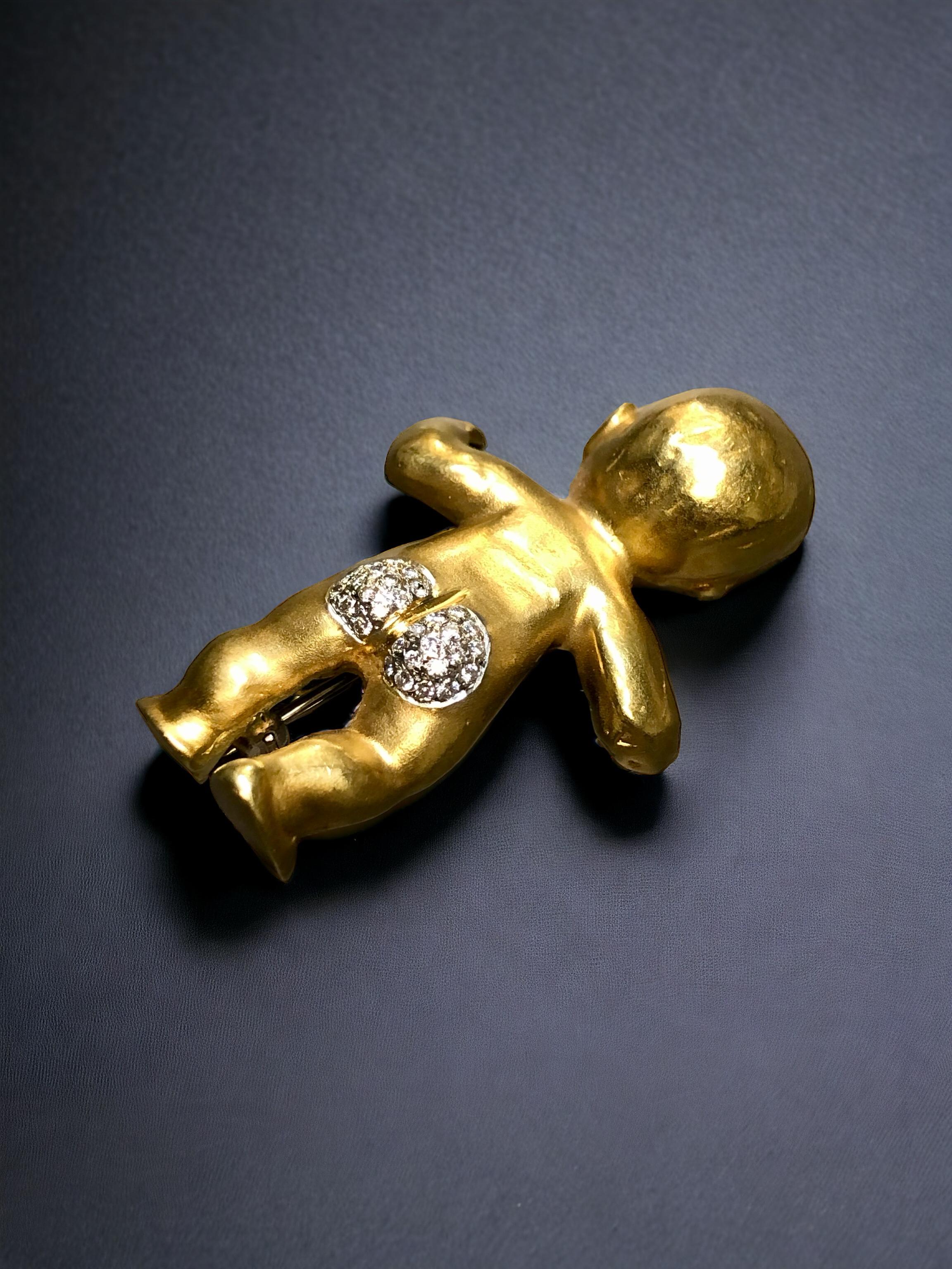 Contemporary Vintage 18K Yellow Gold Diamond Bottom Naked Baby Brooch Pin  For Sale