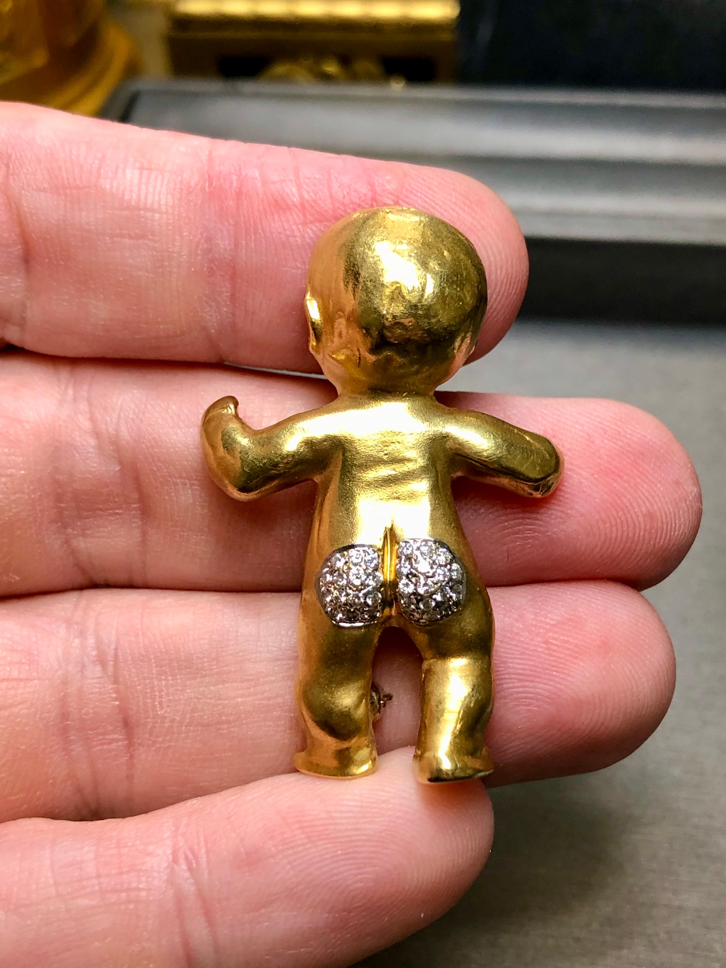 Vintage 18K Yellow Gold Diamond Bottom Naked Baby Brooch Pin  For Sale 2