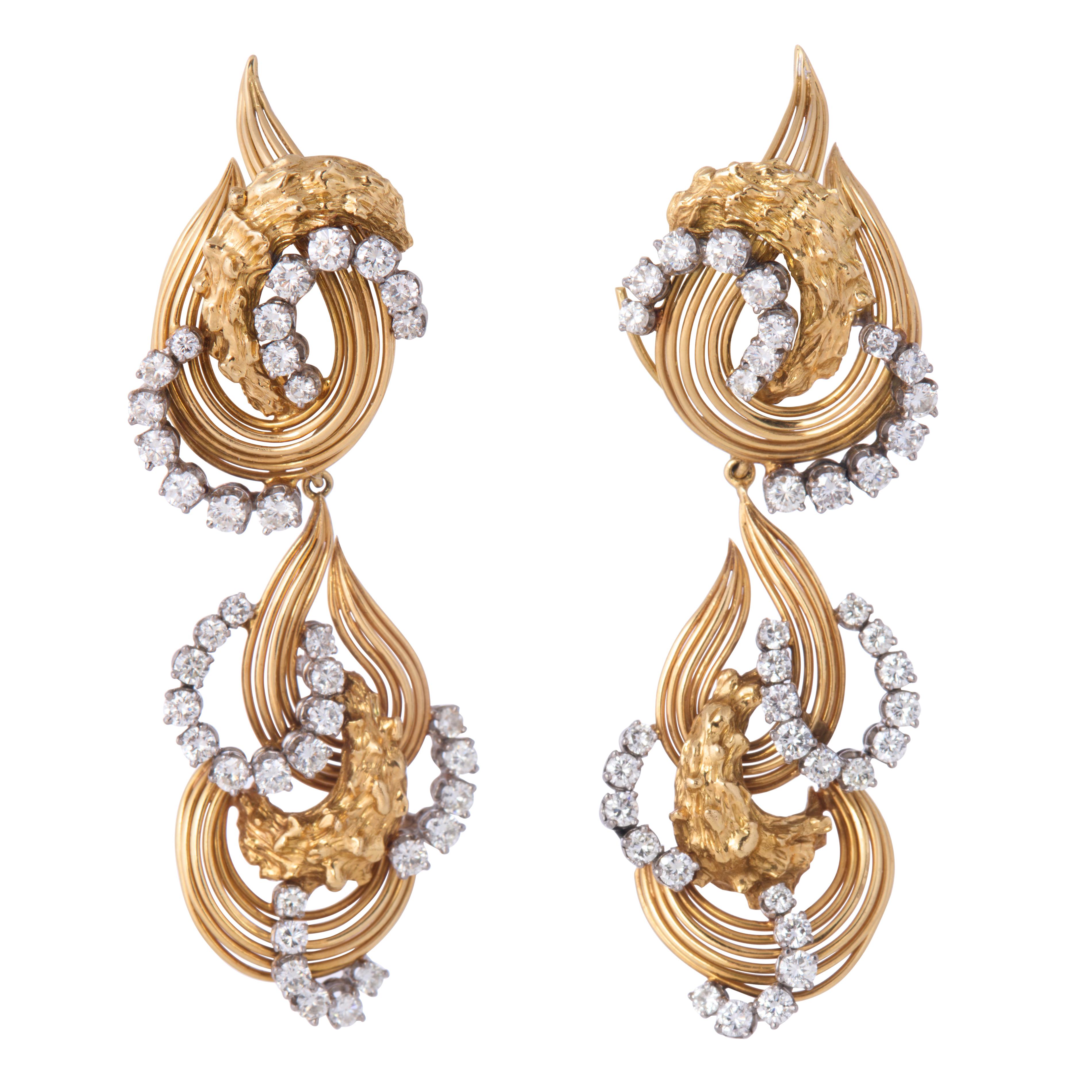 Vintage 18K Yellow Gold Diamond Day/Night Dangle Earrings, Circa 1970