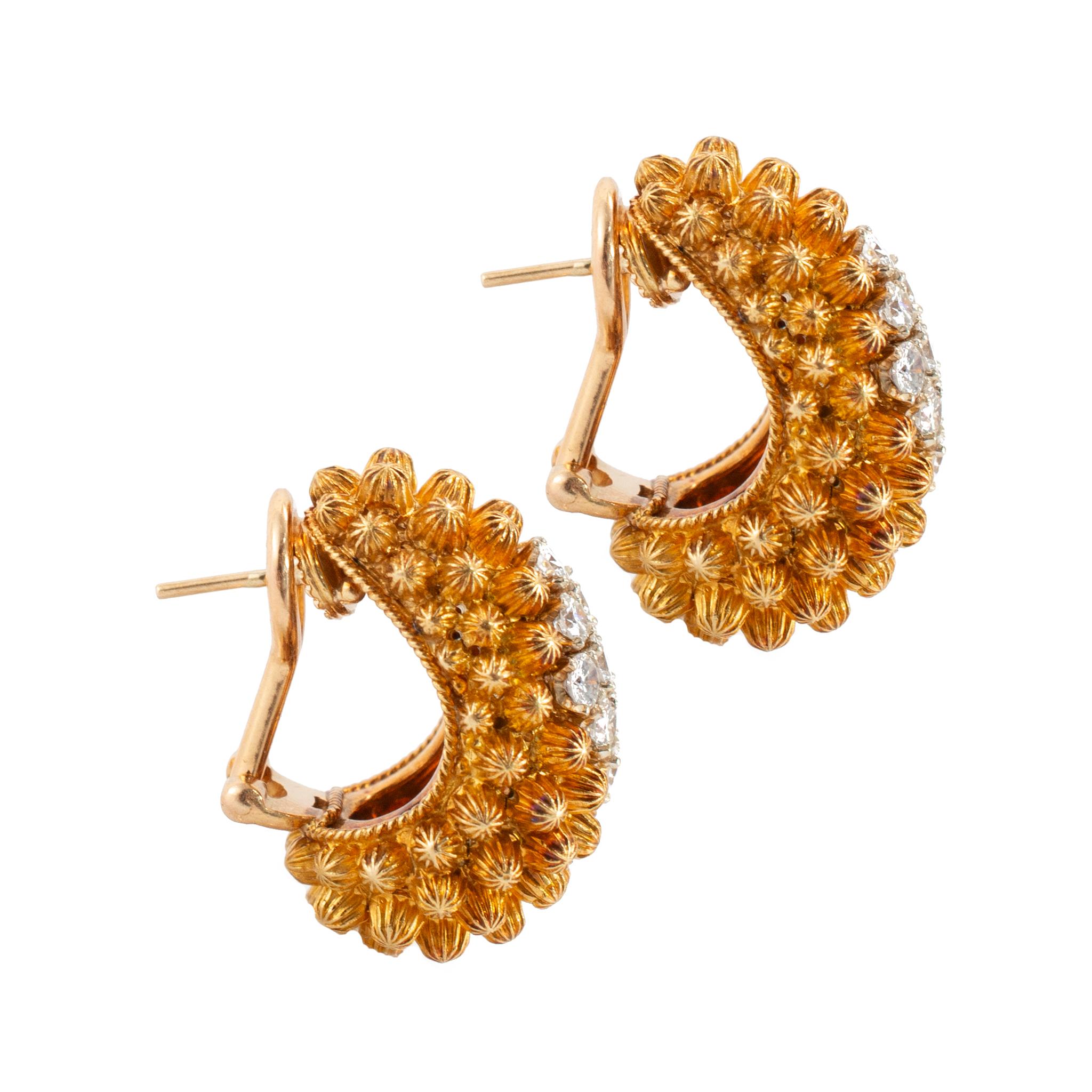 Women's or Men's Vintage 18K Yellow Gold Diamond Domed Beaded Design Clip on Dangle Earrings For Sale