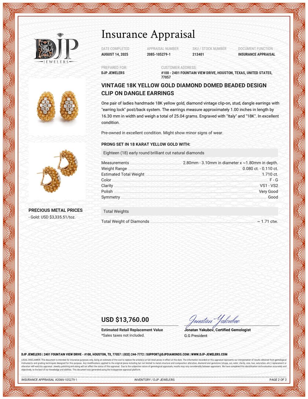 Vintage 18K Yellow Gold Diamond Domed Beaded Design Clip on Dangle Earrings For Sale 4