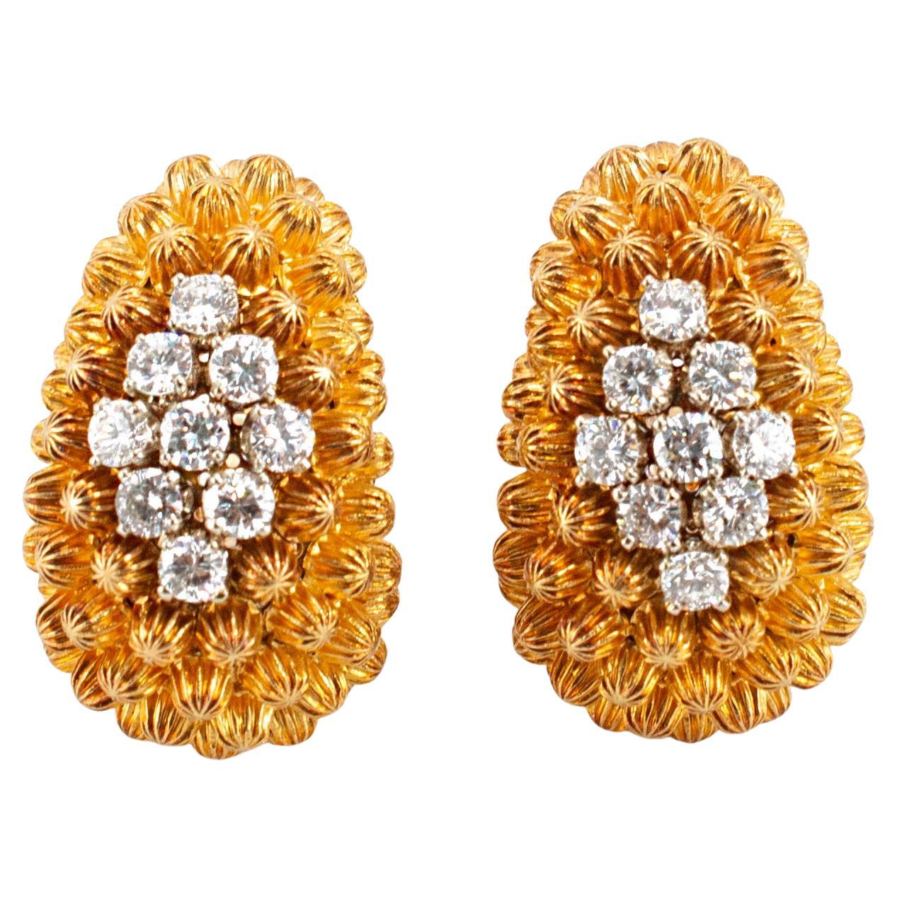 Vintage 18K Yellow Gold Diamond Domed Beaded Design Clip on Dangle Earrings For Sale