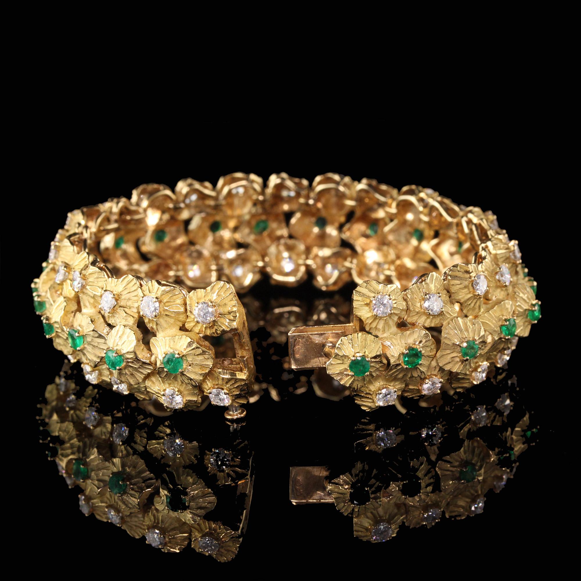 Old European Cut Vintage 18 Karat Yellow Gold Diamond and Emerald Bracelet