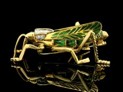 Vintage 18k Yellow Gold Diamond & Enamel Work Large Detailed Grasshopper Brooch