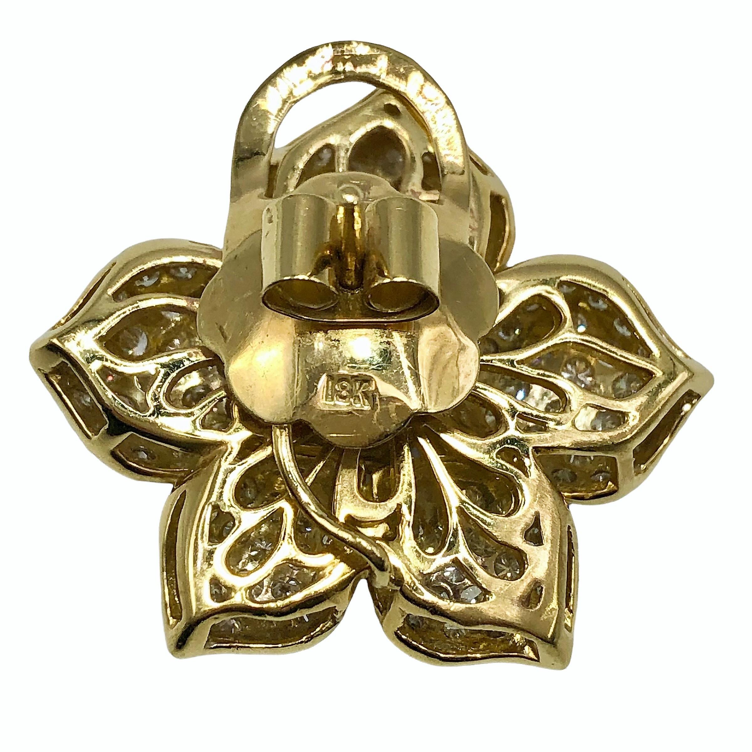 Vintage 18K Yellow Gold, Diamond Encrusted Flower Motif Earrings For Sale 1