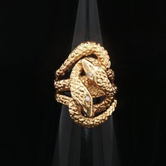 Vintage 18k Yellow Gold Diamond Eyes Detailed Dual Snake Wrap Wide Band Ring