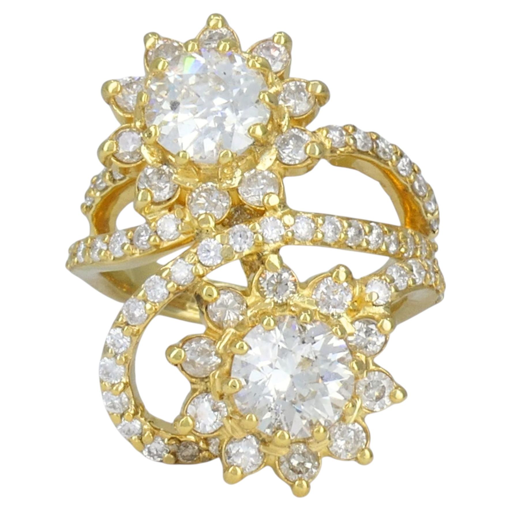 Vintage 18k Yellow Gold Diamond Floral Bypass Cocktail Ring For Sale
