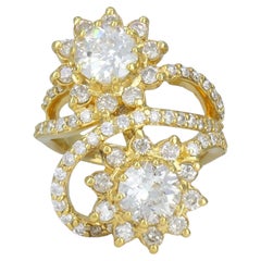 Vintage 18k Yellow Gold Diamond Floral Bypass Cocktail Ring