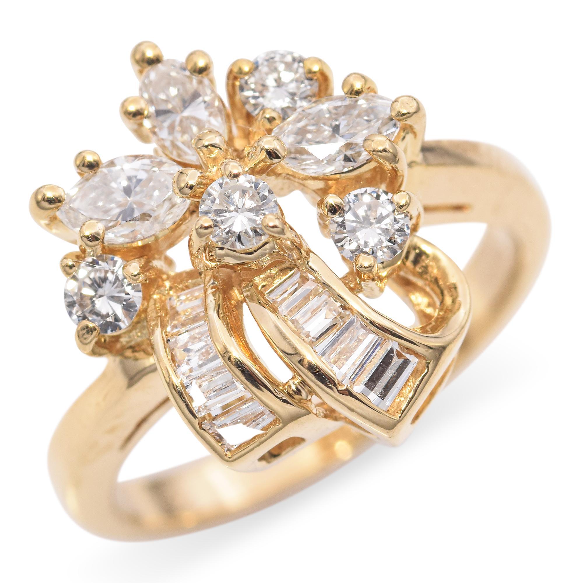 Mixed Cut Vintage 18k Yellow Gold Diamond Flower Cluster Ring For Sale