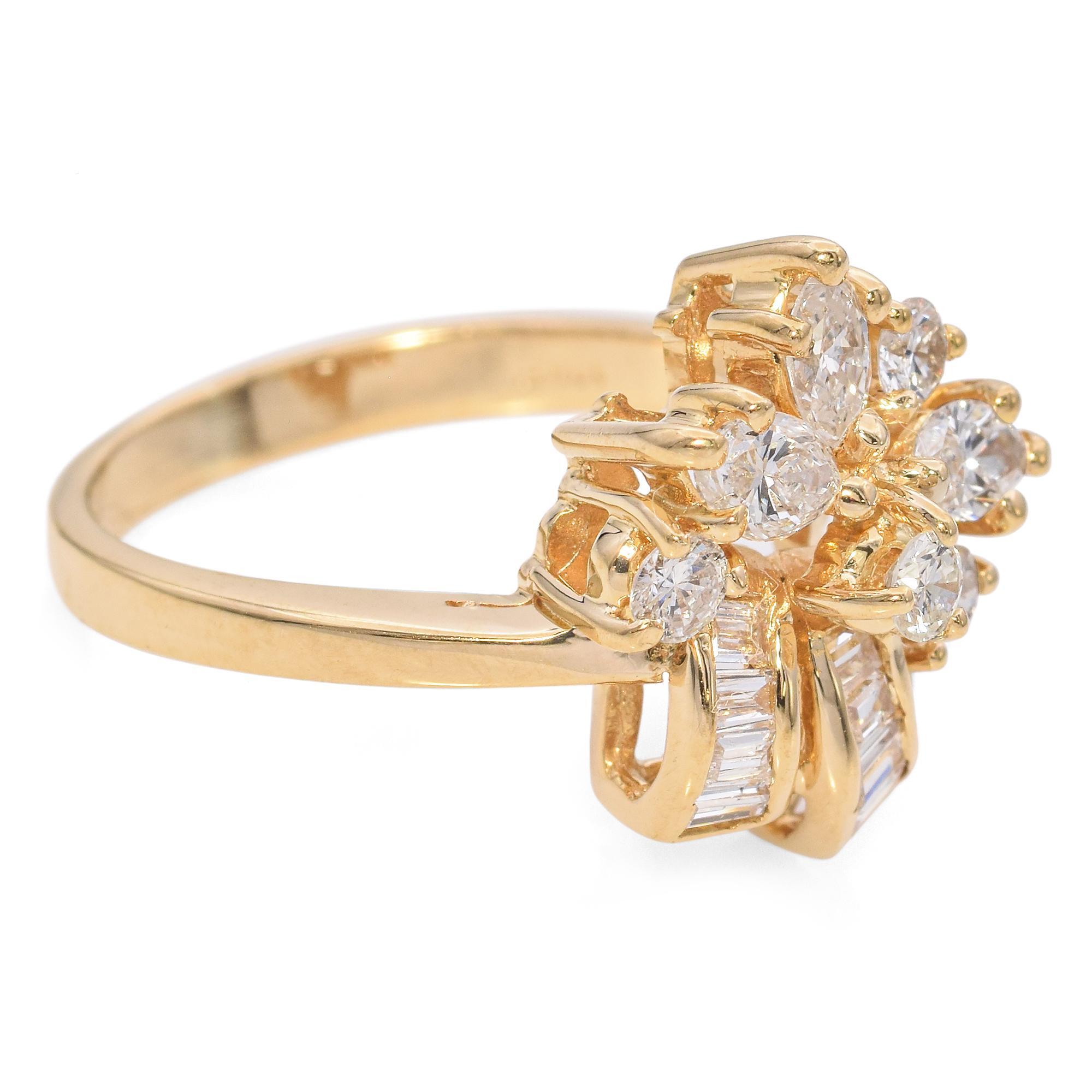 Women's Vintage 18k Yellow Gold Diamond Flower Cluster Ring For Sale