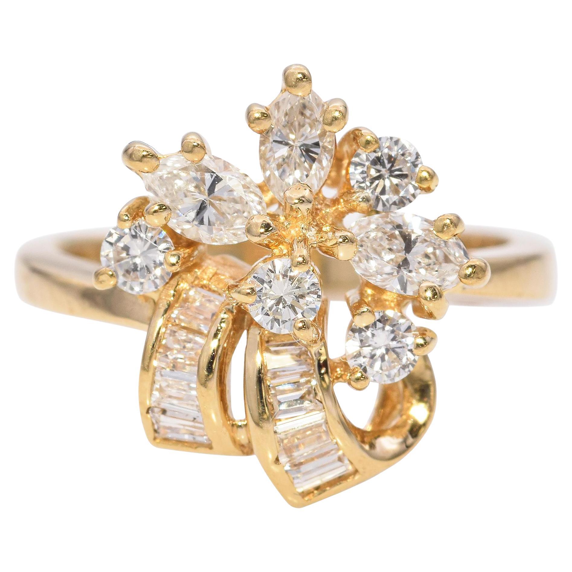 Vintage 18k Yellow Gold Diamond Flower Cluster Ring