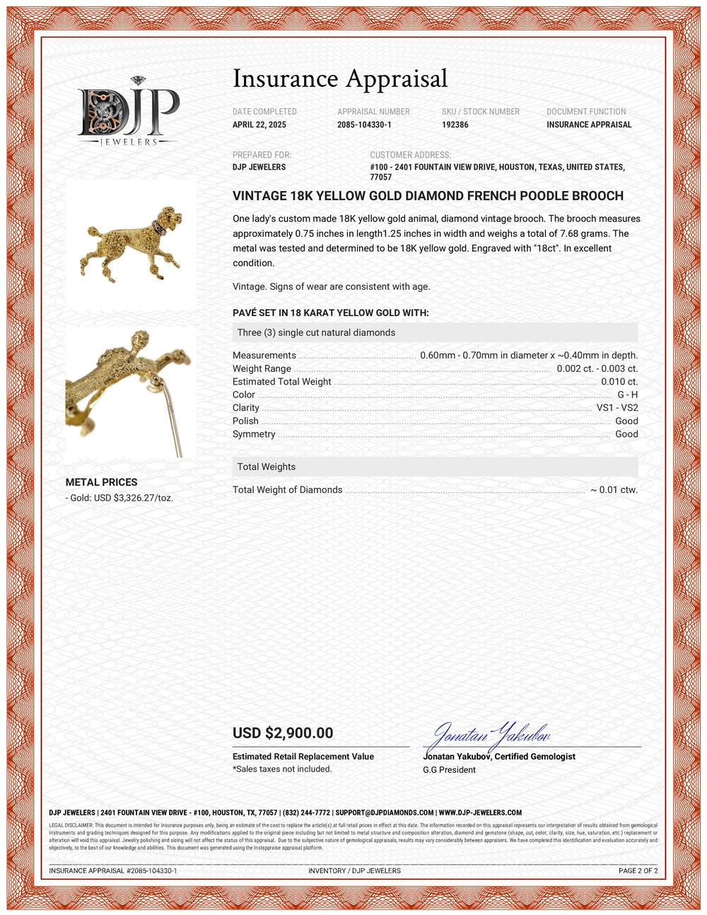 Vintage 18K Yellow Gold Diamond French Poodle Brooch For Sale 2