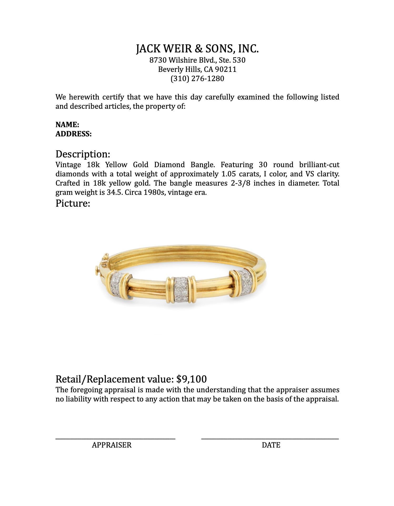 Women's or Men's Vintage 18k yellow gold diamond gold bangle bracelet For Sale