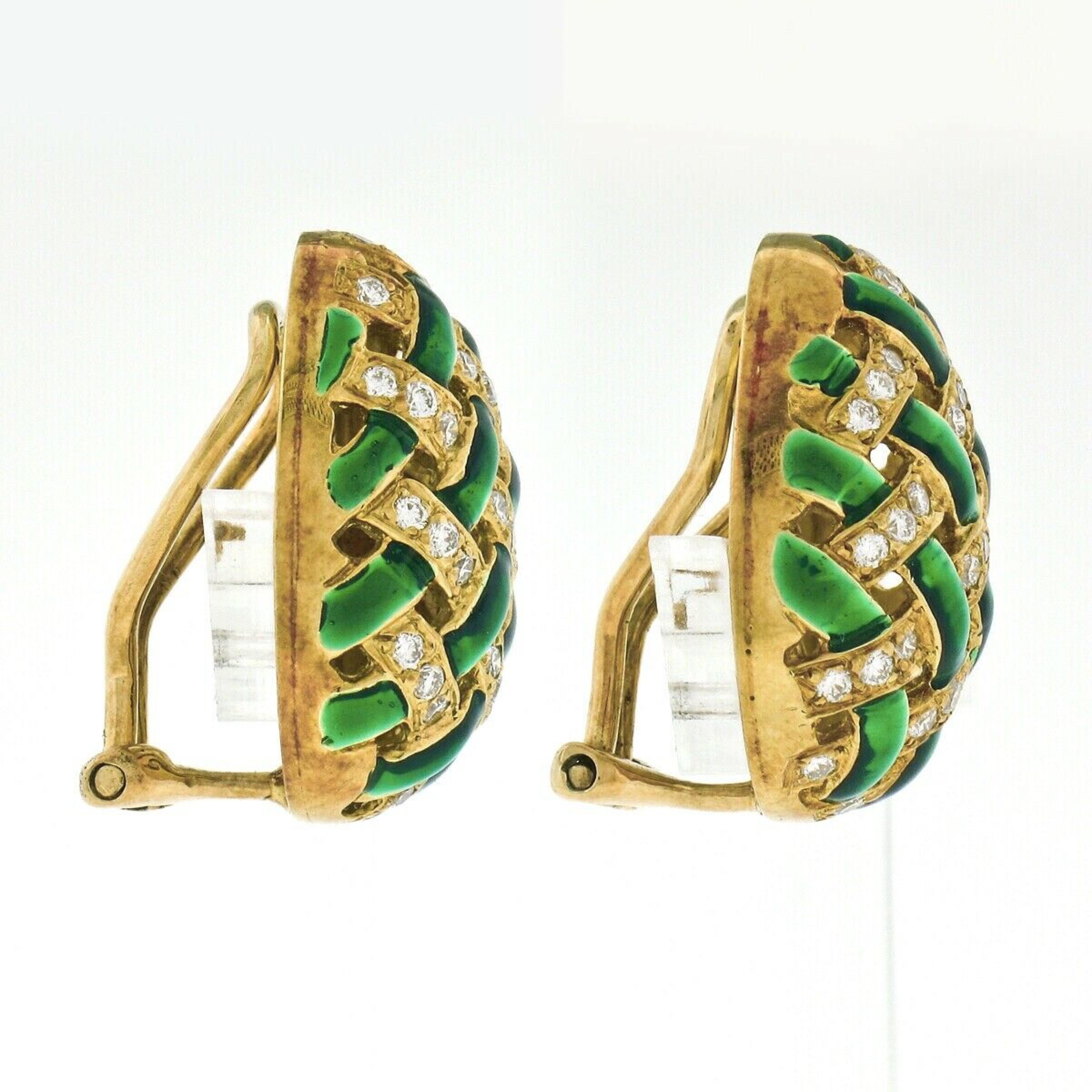 Round Cut Vintage 18k Yellow Gold Diamond Green Enamel Egg Basket Weave Clip on Earrings