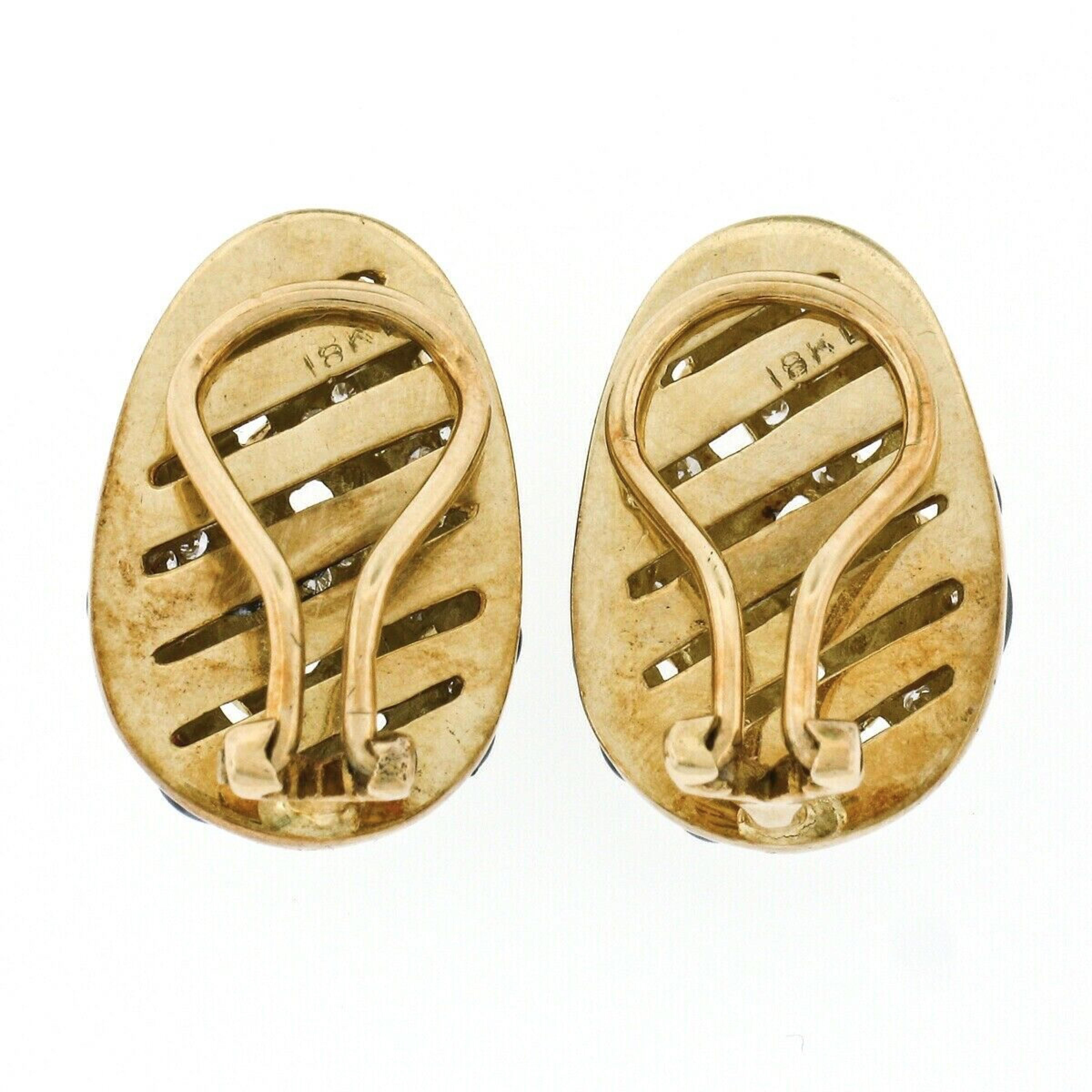 Vintage 18k Yellow Gold Diamond Green Enamel Egg Basket Weave Clip on Earrings In Excellent Condition In Montclair, NJ
