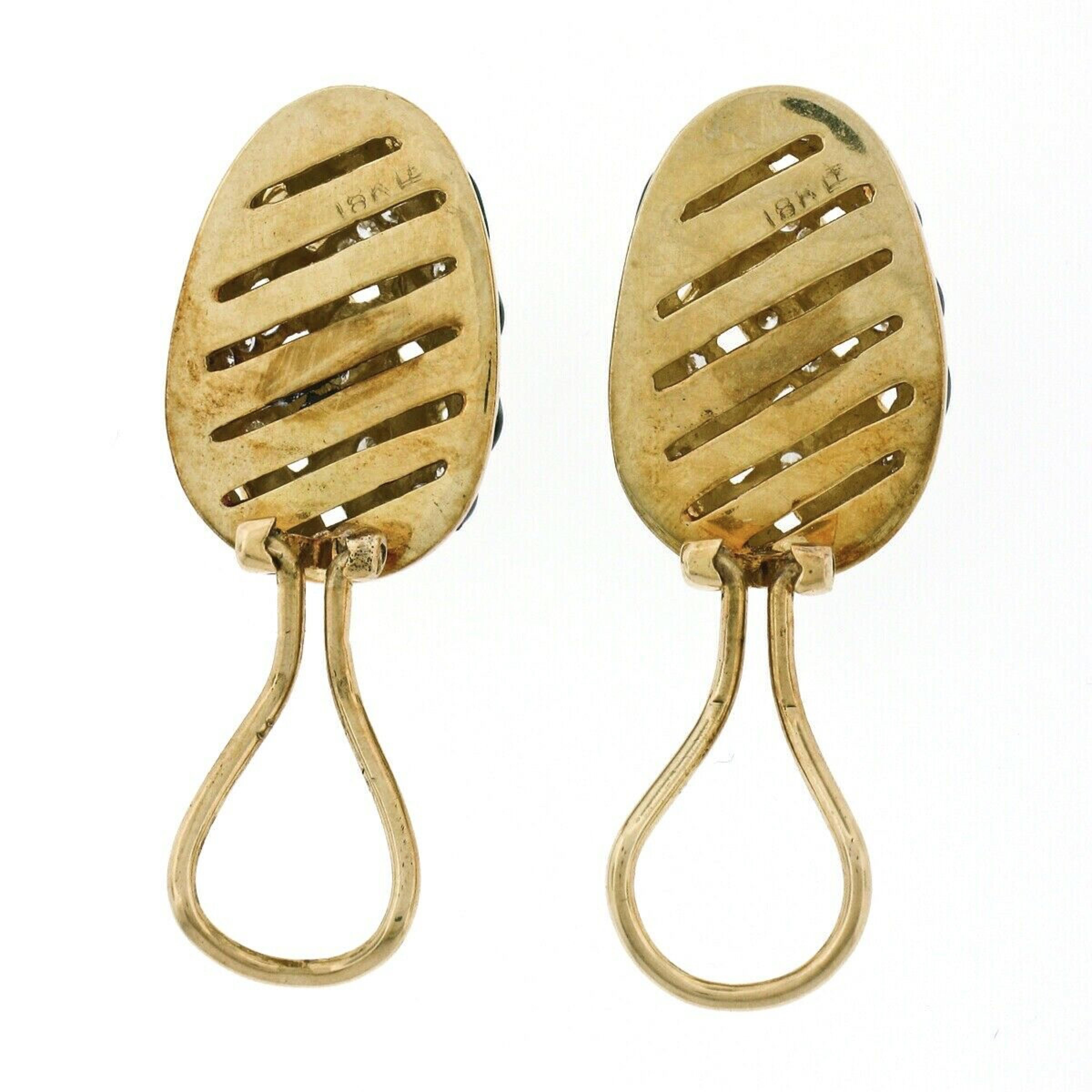 Women's or Men's Vintage 18k Yellow Gold Diamond Green Enamel Egg Basket Weave Clip on Earrings