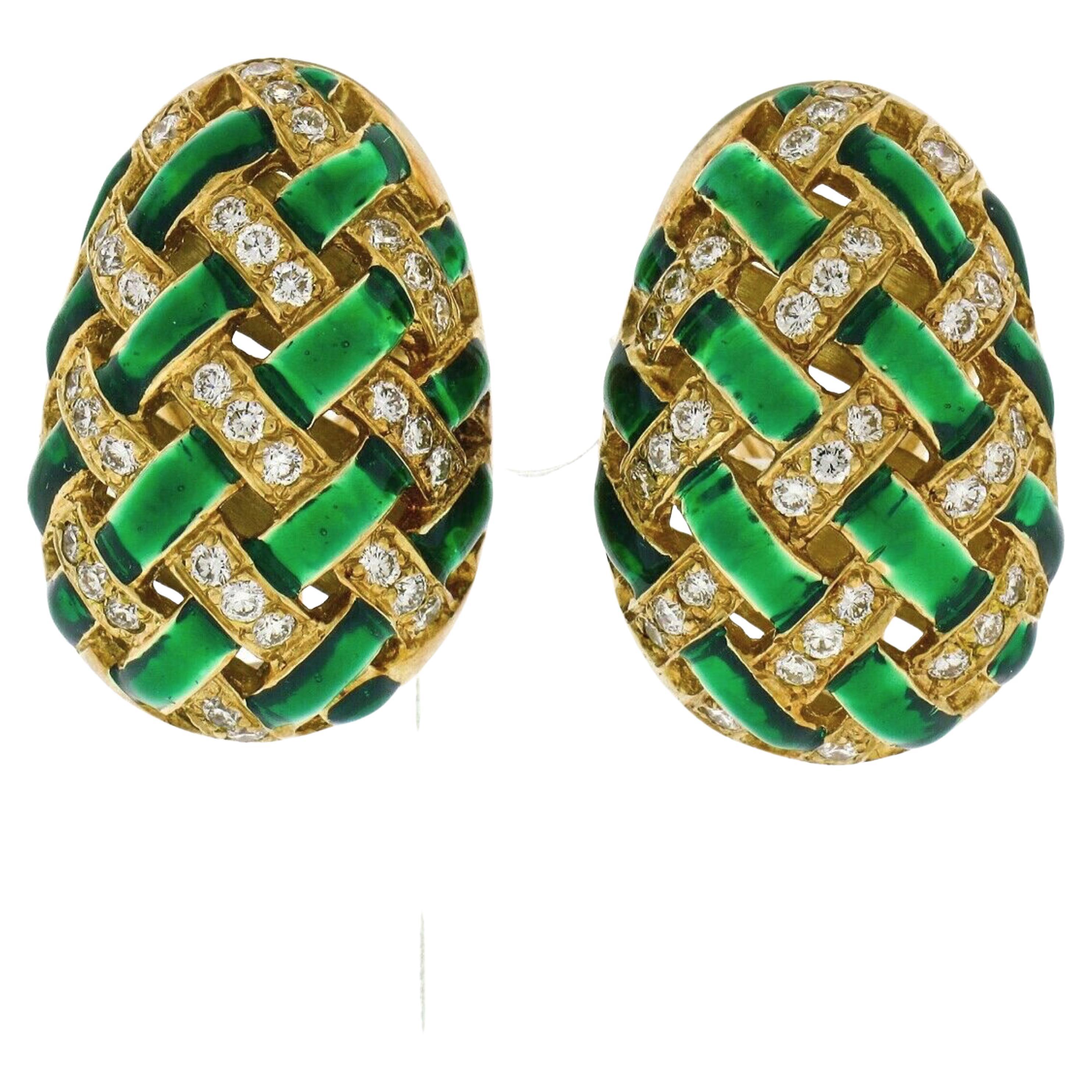 Vintage 18k Yellow Gold Diamond Green Enamel Egg Basket Weave Clip on Earrings