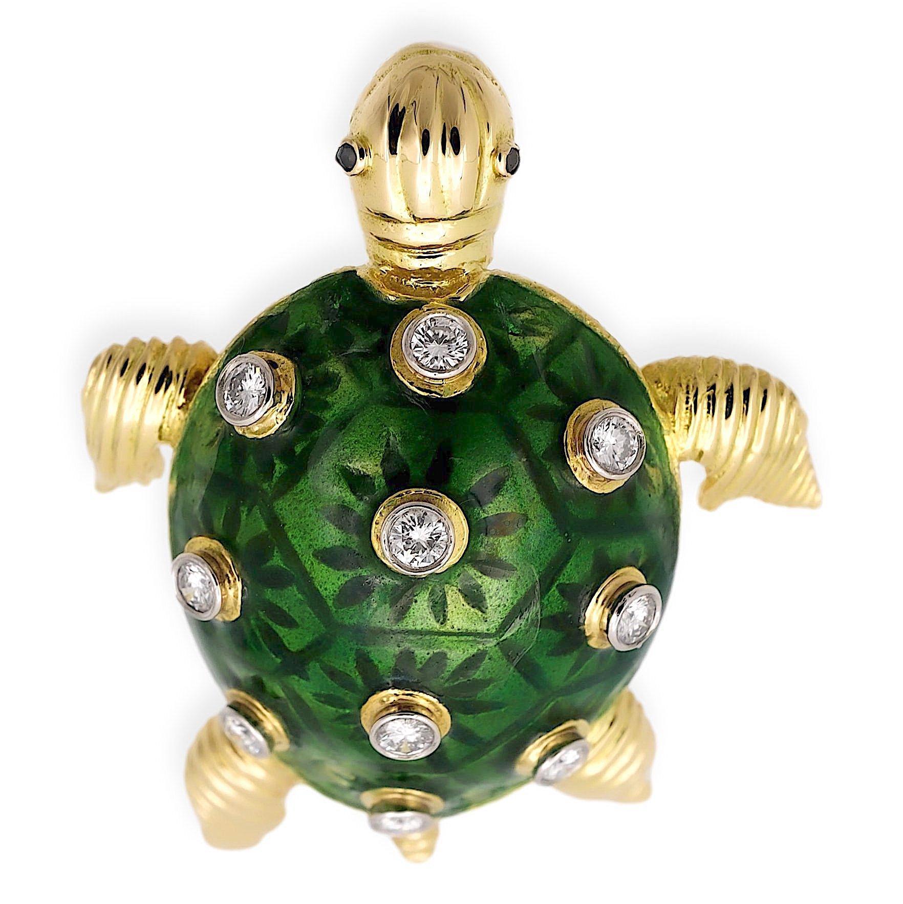 Vintage Turtle Brooch impeccably crafted in carved 18k yellow gold, adorned with vibrant green enamel, and embellished with ten round brilliant cut diamonds weighing a total of approximately 0.60 carats. Brooch has a tube pin with safety catch
