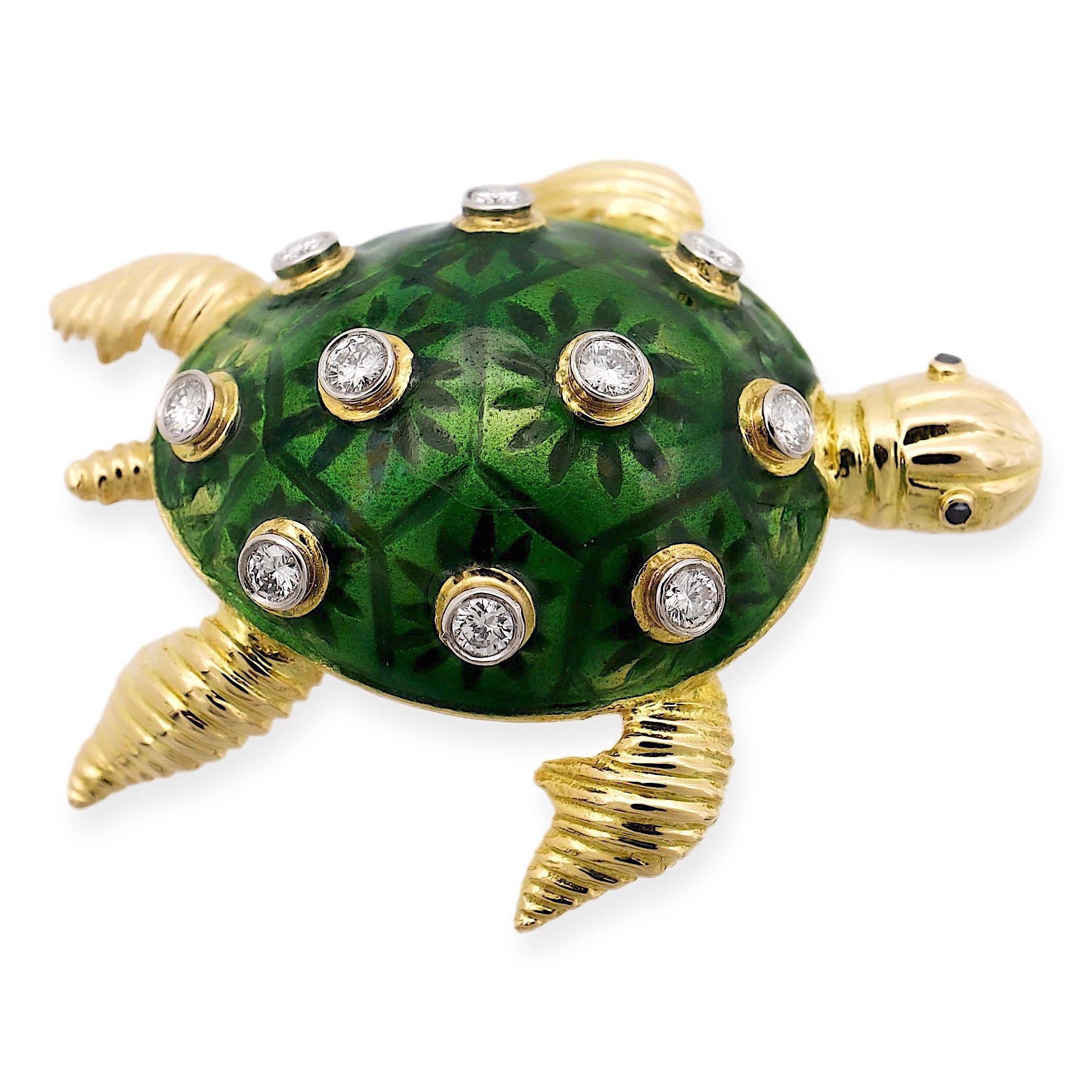 Schildkrötenbrosche, 18 Karat Gelbgold Diamant Grün Emaille (Retro) im Angebot