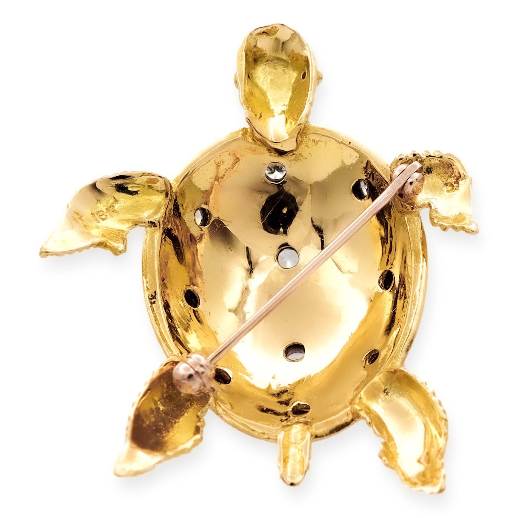 Brilliant Cut Vintage 18K Yellow Gold Diamond Green Enamel Turtle Brooch For Sale