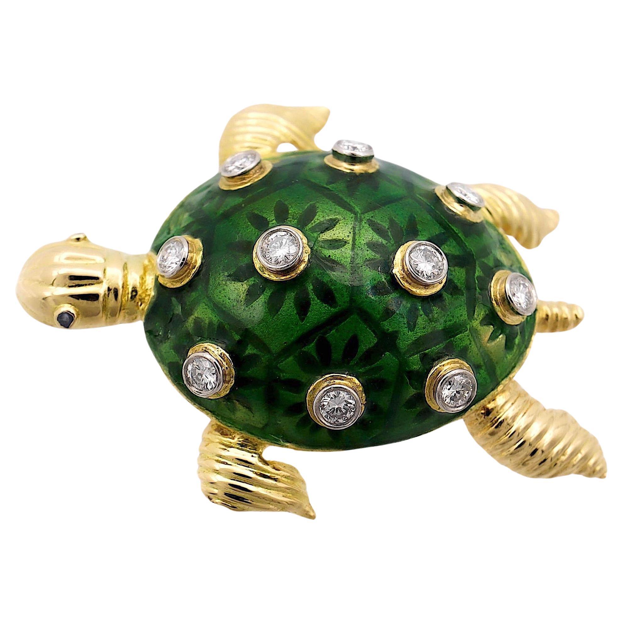 Vintage 18K Yellow Gold Diamond Green Enamel Turtle Brooch For Sale
