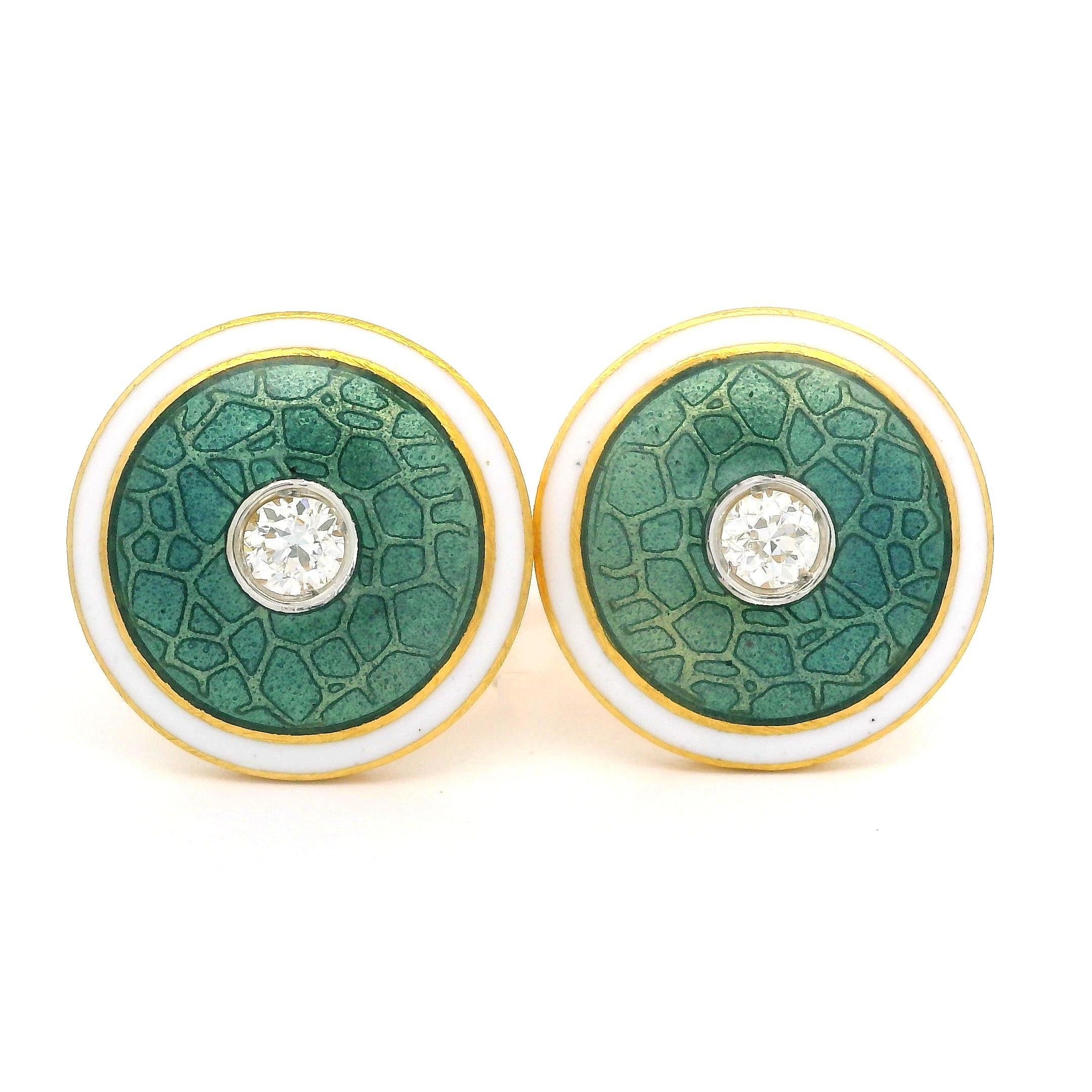 --Stone(s):--
(2) Natural Genuine Diamonds - Old European Cut - Pave Set - Nice Fiery White Color - 0.30ctw (approx.)

Material: Solid 18k White Gold w/ White & Guilloche Greenish Blue Enamel Work
Weight: 12.06 Grams
Panel Diameter: 14.8mm