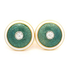 Vintage 18k Yellow Gold Diamond Guilloche White & Greenish Blue Enamel Cufflinks