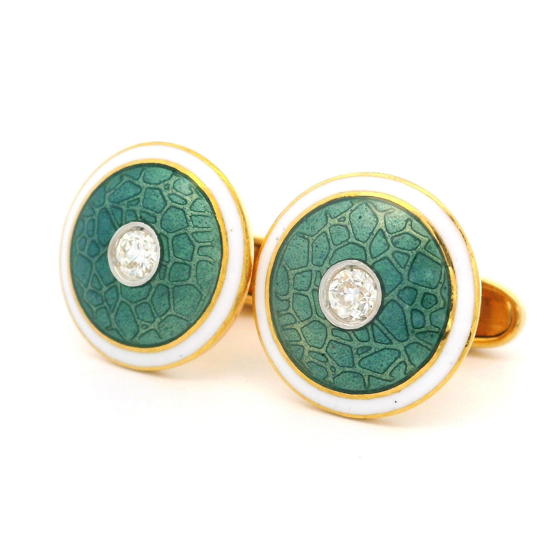Old European Cut Vintage 18k Yellow Gold Diamond Guilloche White & Greenish Blue Enamel Cufflinks For Sale