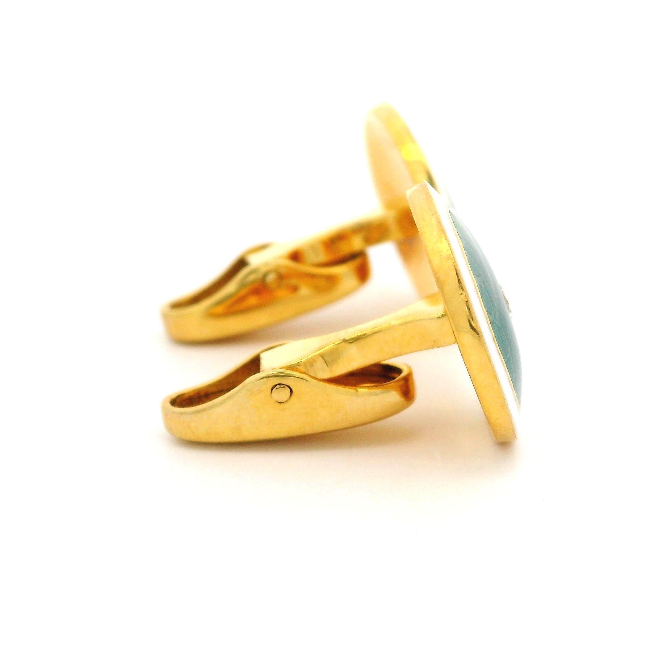 Men's Vintage 18k Yellow Gold Diamond Guilloche White & Greenish Blue Enamel Cufflinks For Sale