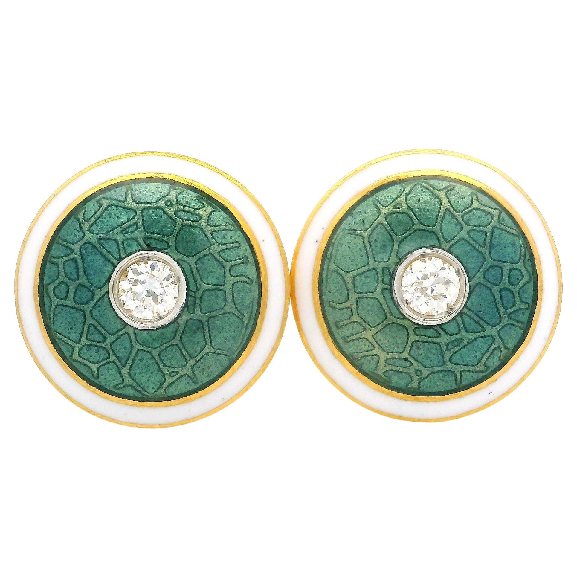 Vintage 18k Yellow Gold Diamond Guilloche White & Greenish Blue Enamel Cufflinks
