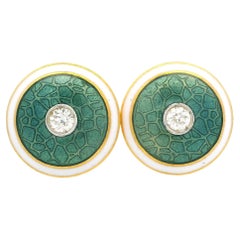 Vintage 18k Yellow Gold Diamond Guilloche White & Greenish Blue Enamel Cufflinks