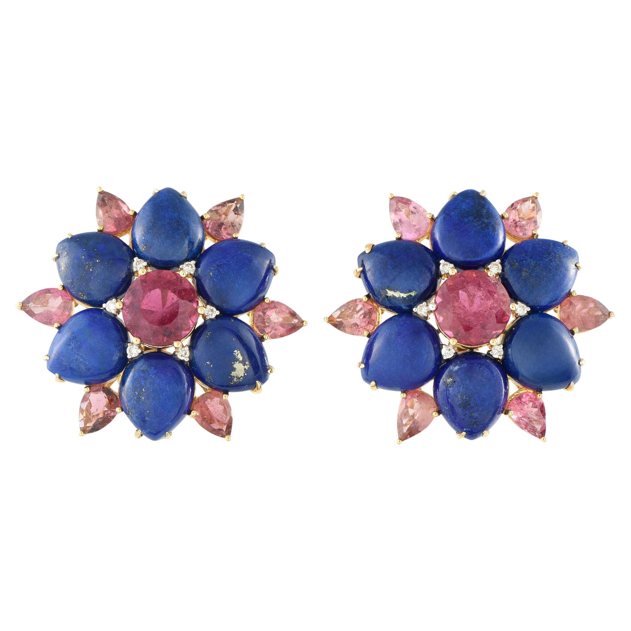Orecchini d
epoca in oro giallo 18 carati con diamanti, lapis e tormalina rosa in vendita