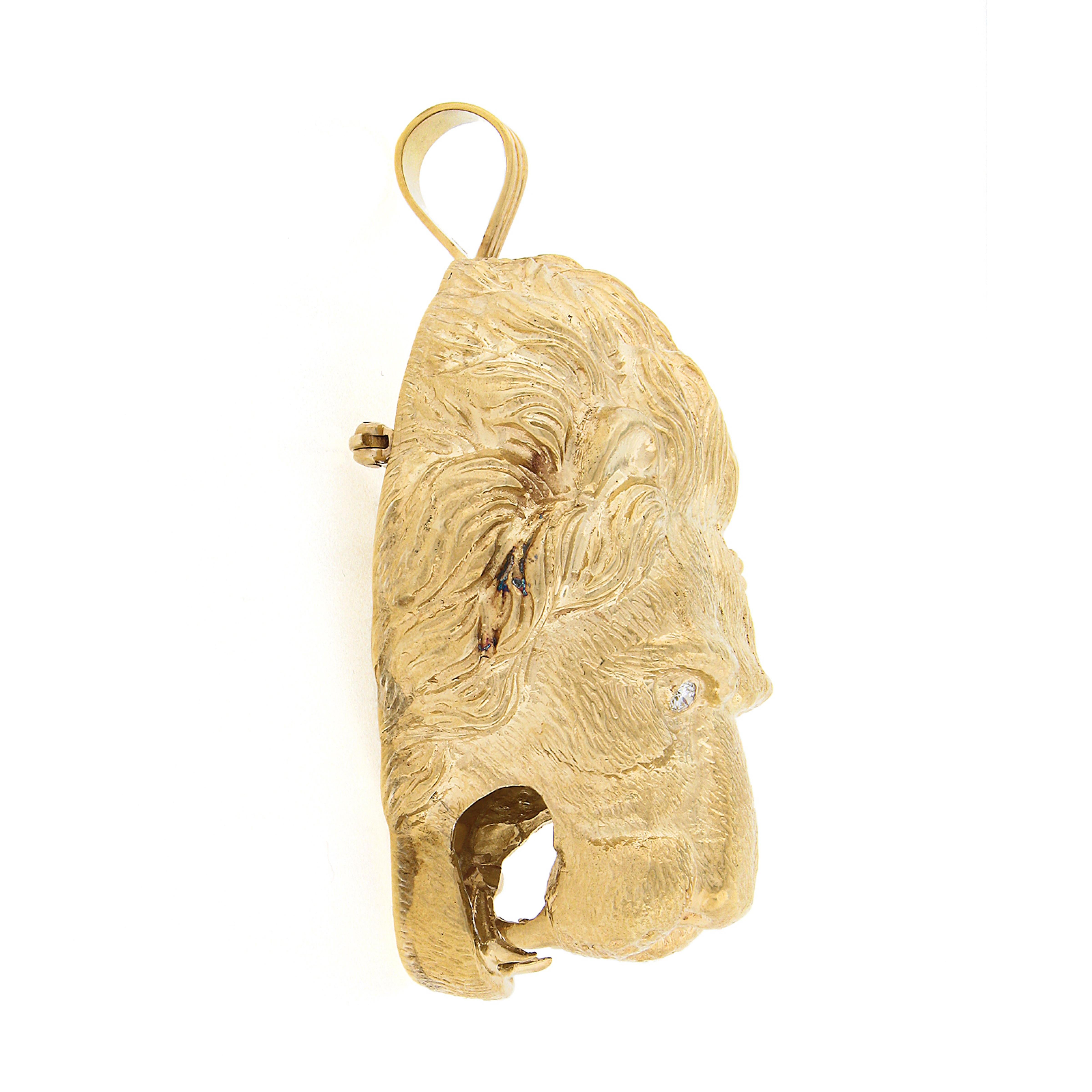 Brilliant Cut Vintage 18k Yellow Gold Diamond Large Detailed 3D Lion Head Brooch Pin Pendant For Sale